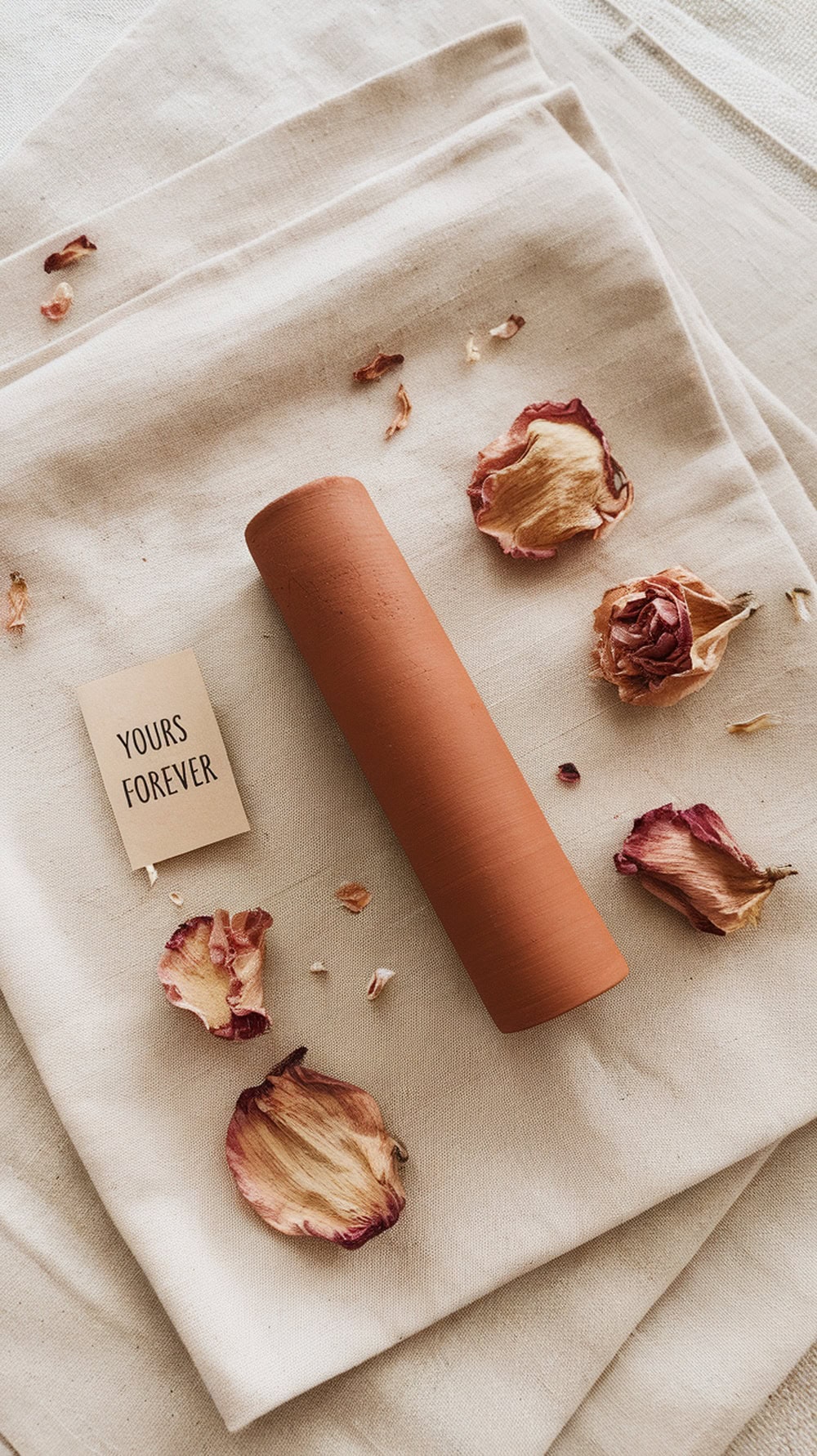 Terracotta clay keychains with initials, cookie cutters, and gold keychain rings on a fabric background.