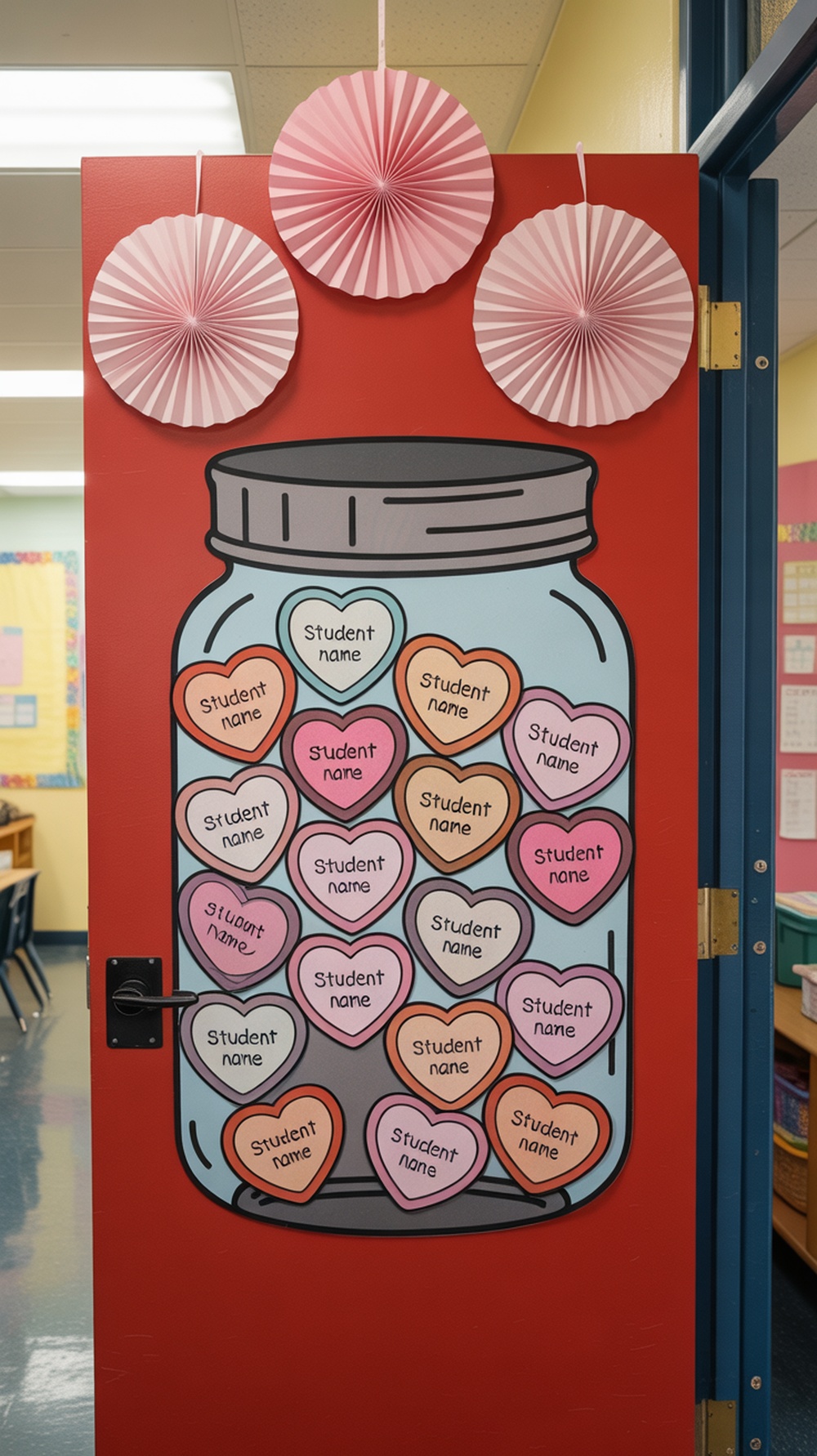 Classroom door decorated with a jar filled with heart-shaped cutouts, each displaying a student's name, surrounded by pink paper doilies.