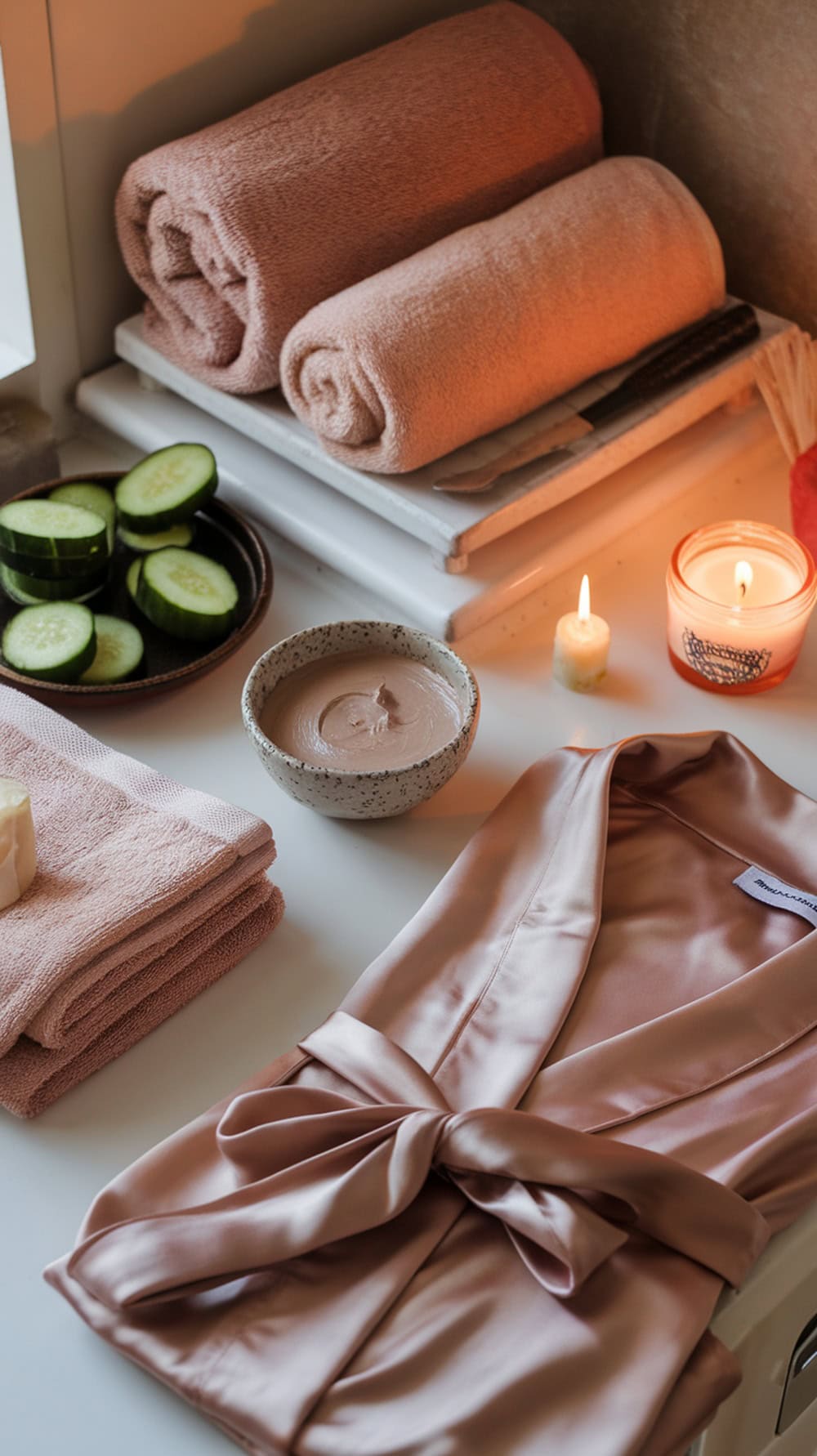 A cozy DIY spa night setup featuring rolled towels, cucumber slices, a bowl of face mask, a lit candle, and a satin robe.