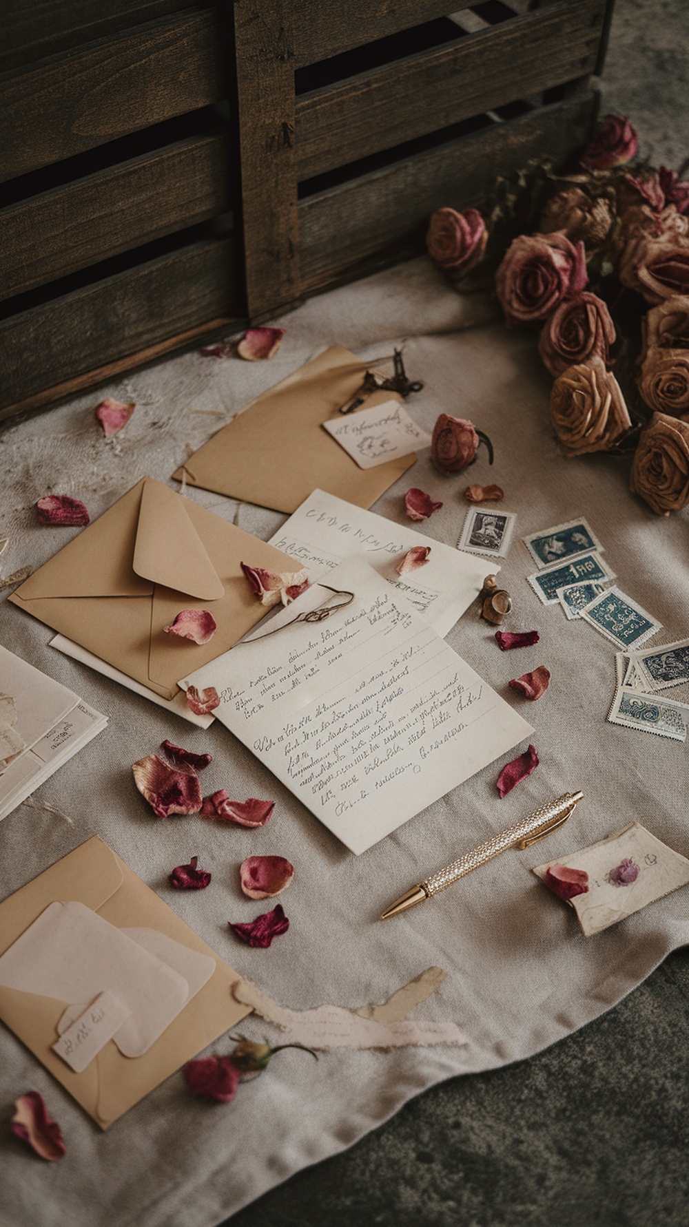 A collection of love notes and envelopes surrounded by dried rose petals.