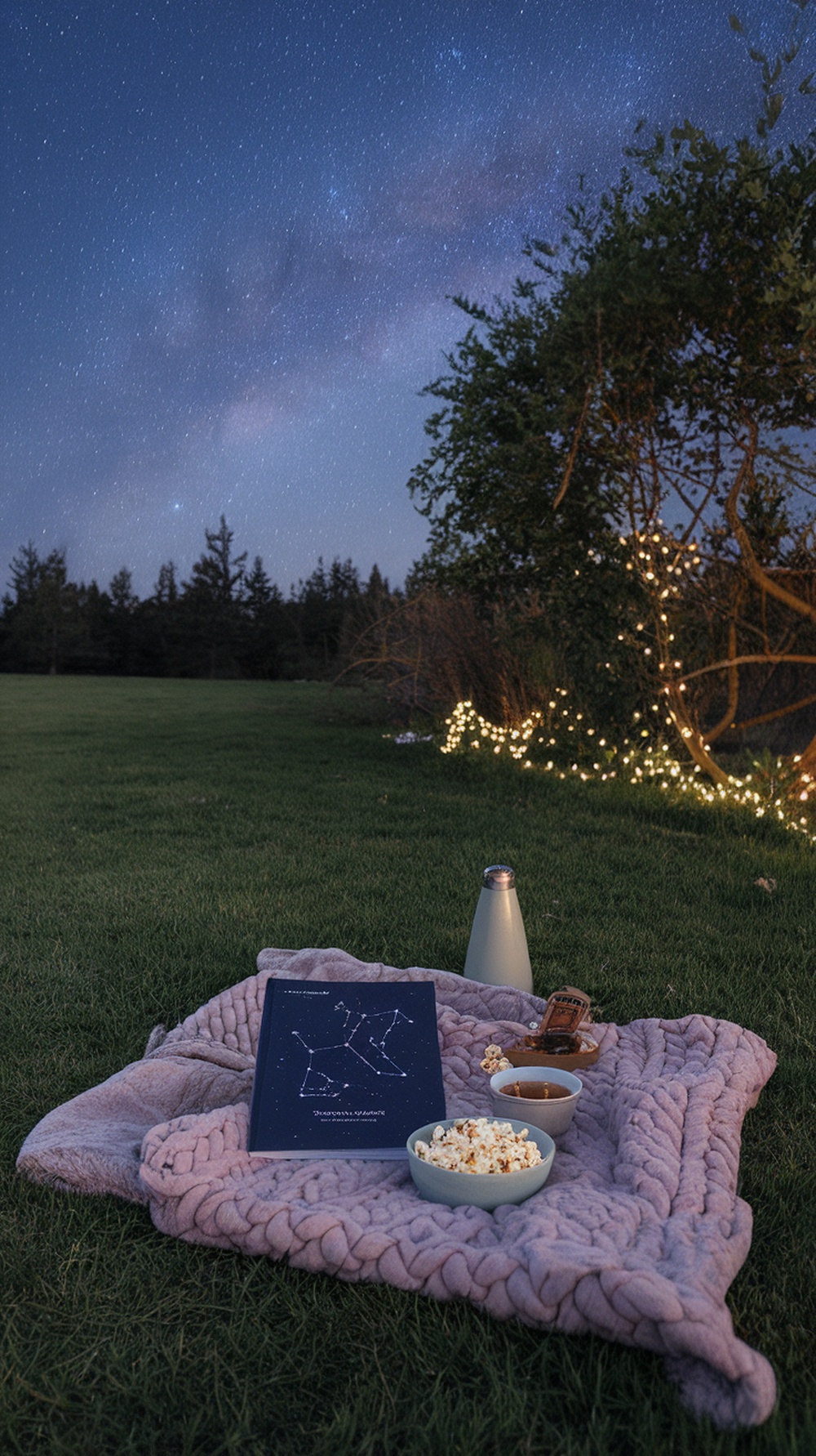 A cozy blanket on the grass with snacks and a constellation book, under a starry sky.