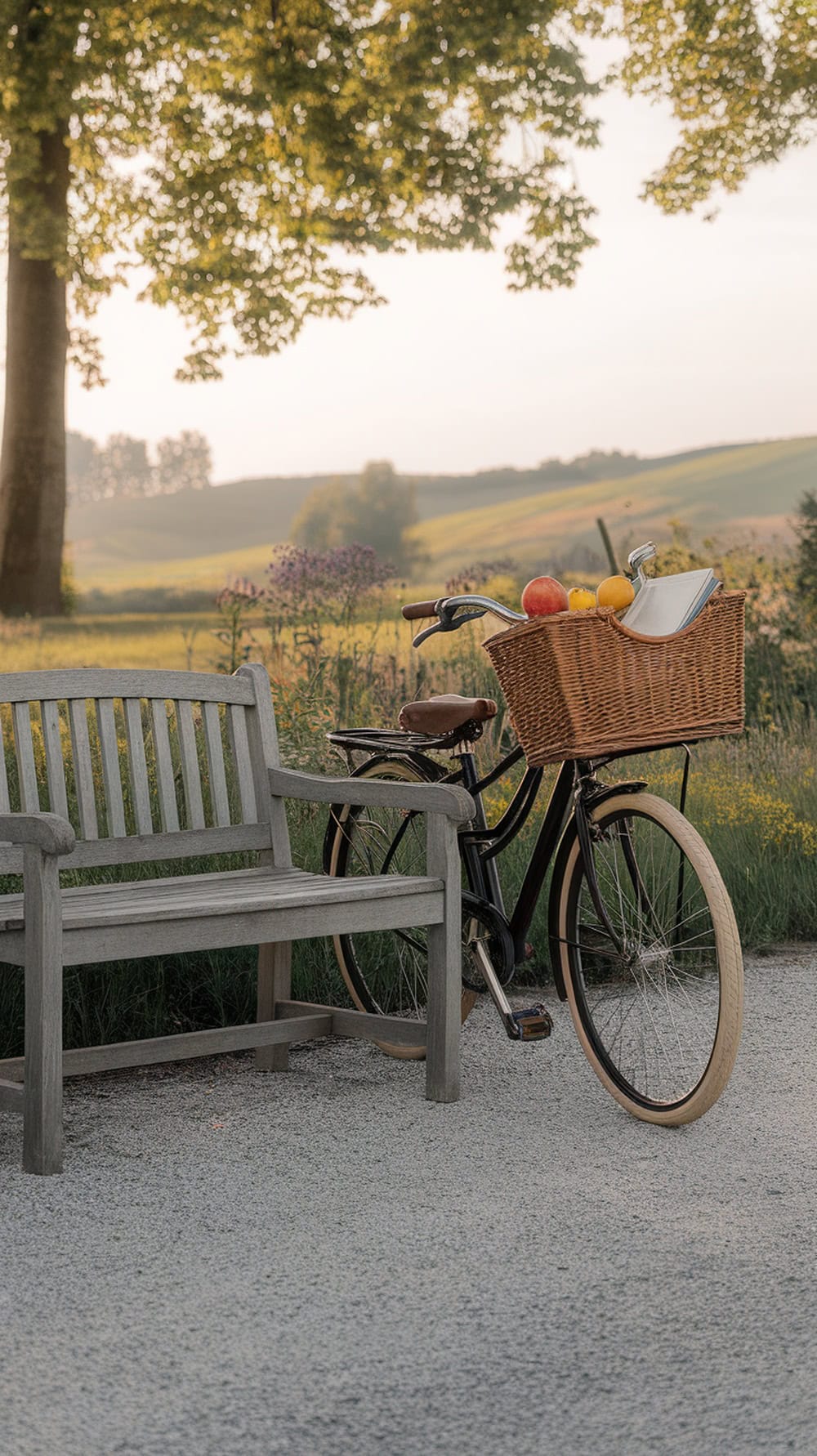 A bicycle with a wicker basket filled with fruits parked next to a wooden bench in a scenic outdoor setting.