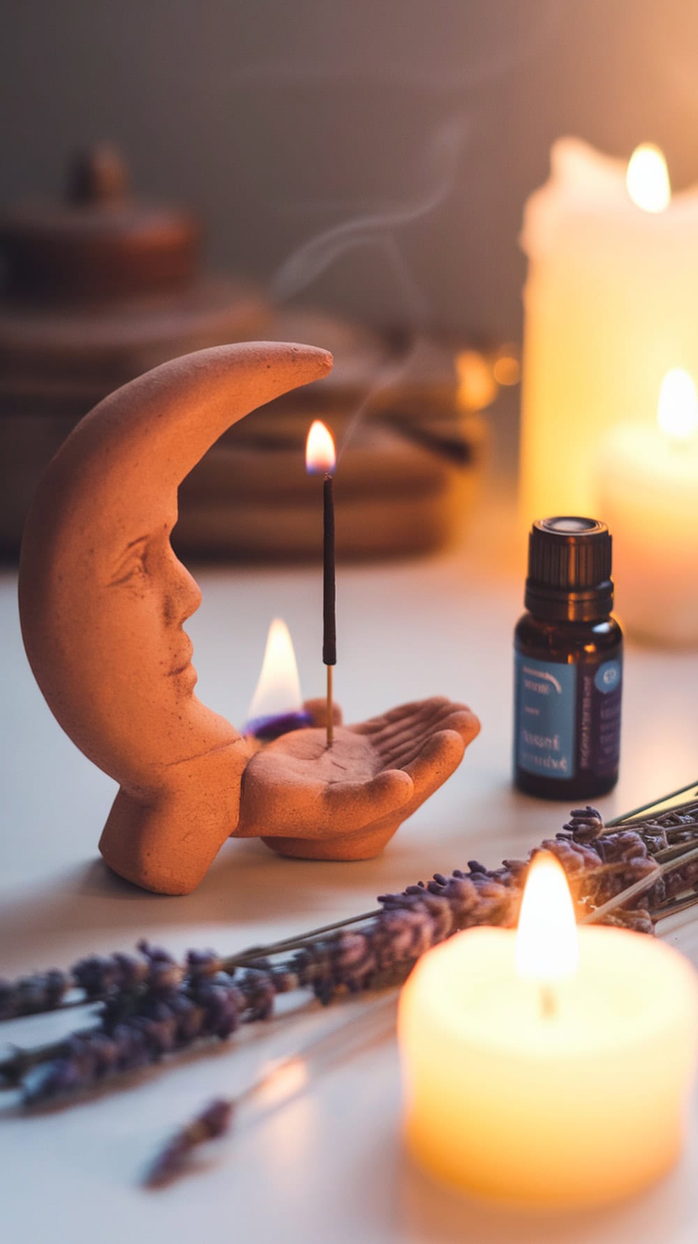 A clay incense holder shaped like a moon, with an incense stick burning, surrounded by candles and lavender.