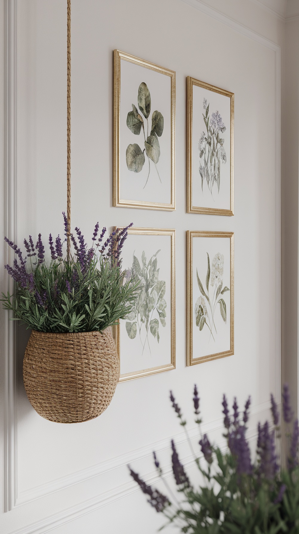 A floral gallery wall featuring framed botanical prints and a hanging basket with lavender.