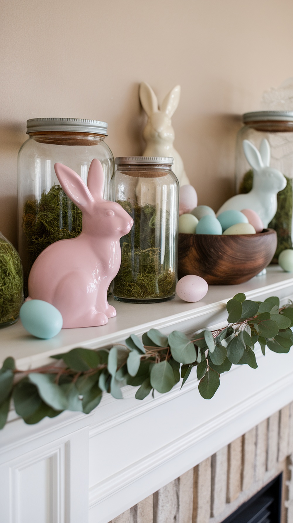 Pastel spring mantel decor featuring bunnies, eggs, and greenery.