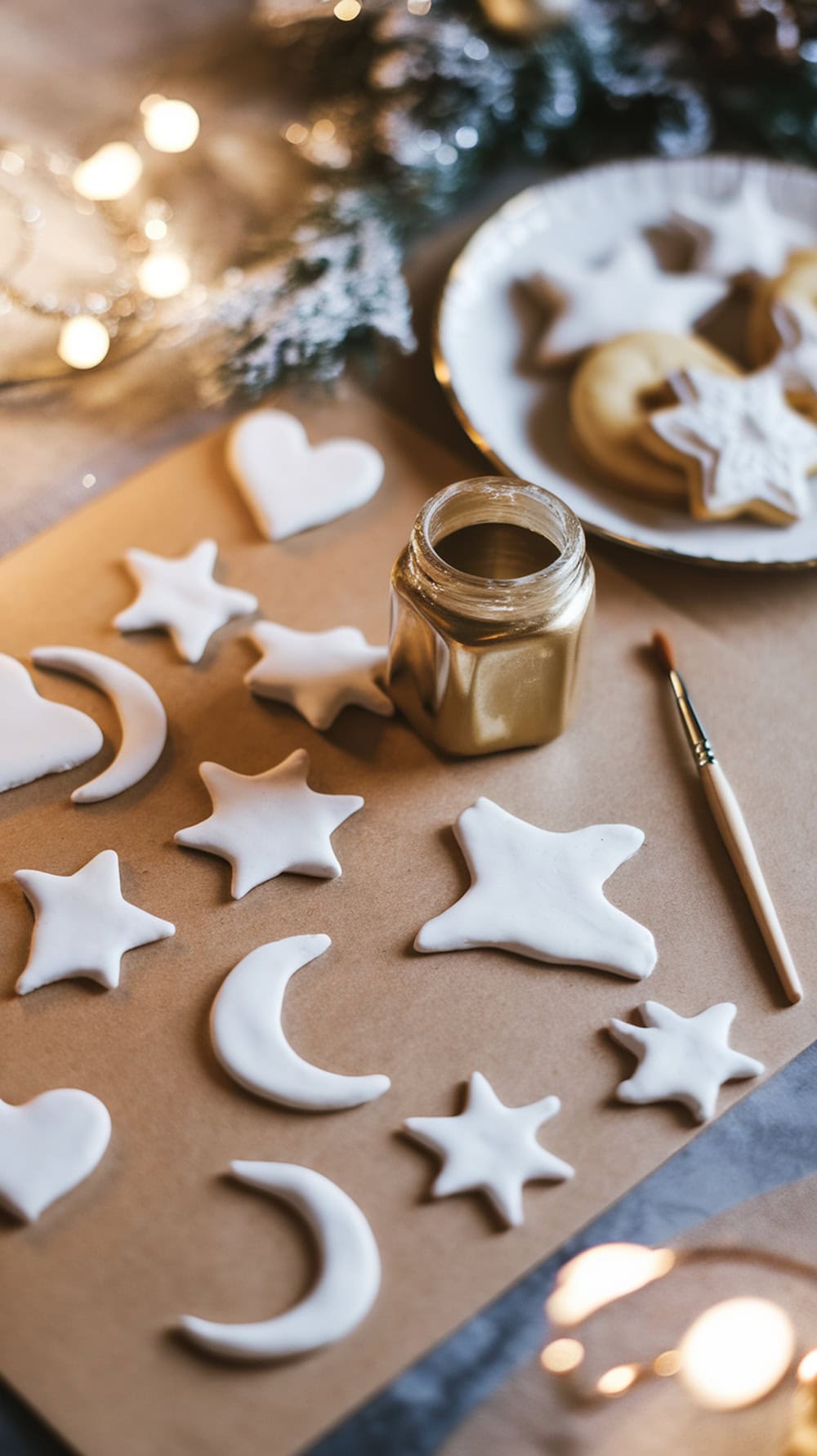 Decorated clay ornaments in various shapes on a table with a paint jar and brush