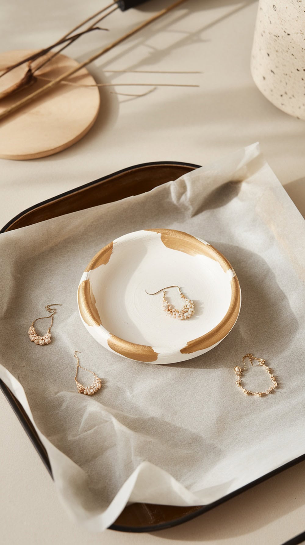 A clay jewelry dish with a gold rim, surrounded by delicate jewelry and decorative elements.