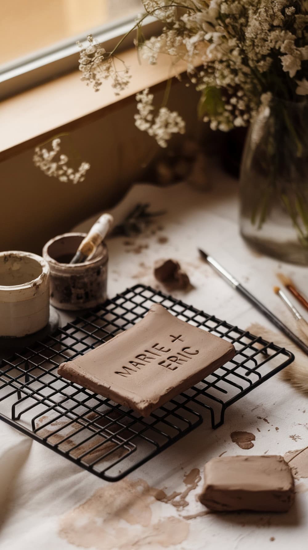 A custom clay name plate with engraved details, surrounded by art supplies and flowers.