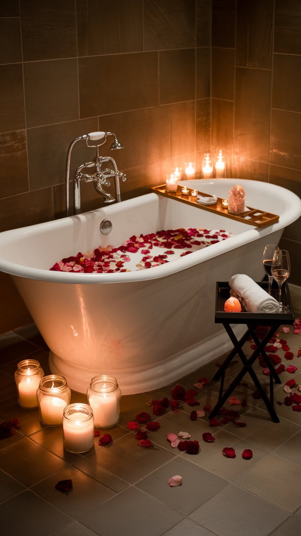 A romantic bath setup with rose petals, candles, and wine glasses.