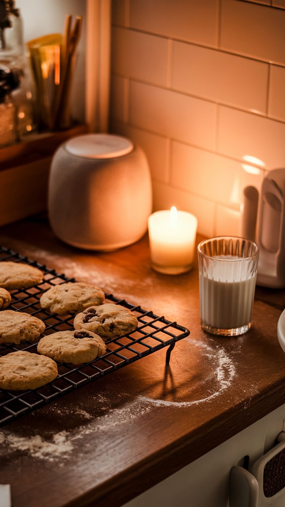 A cozy kitchen scene with cookies cooling on a rack, a candle lit, and a glass of milk nearby.