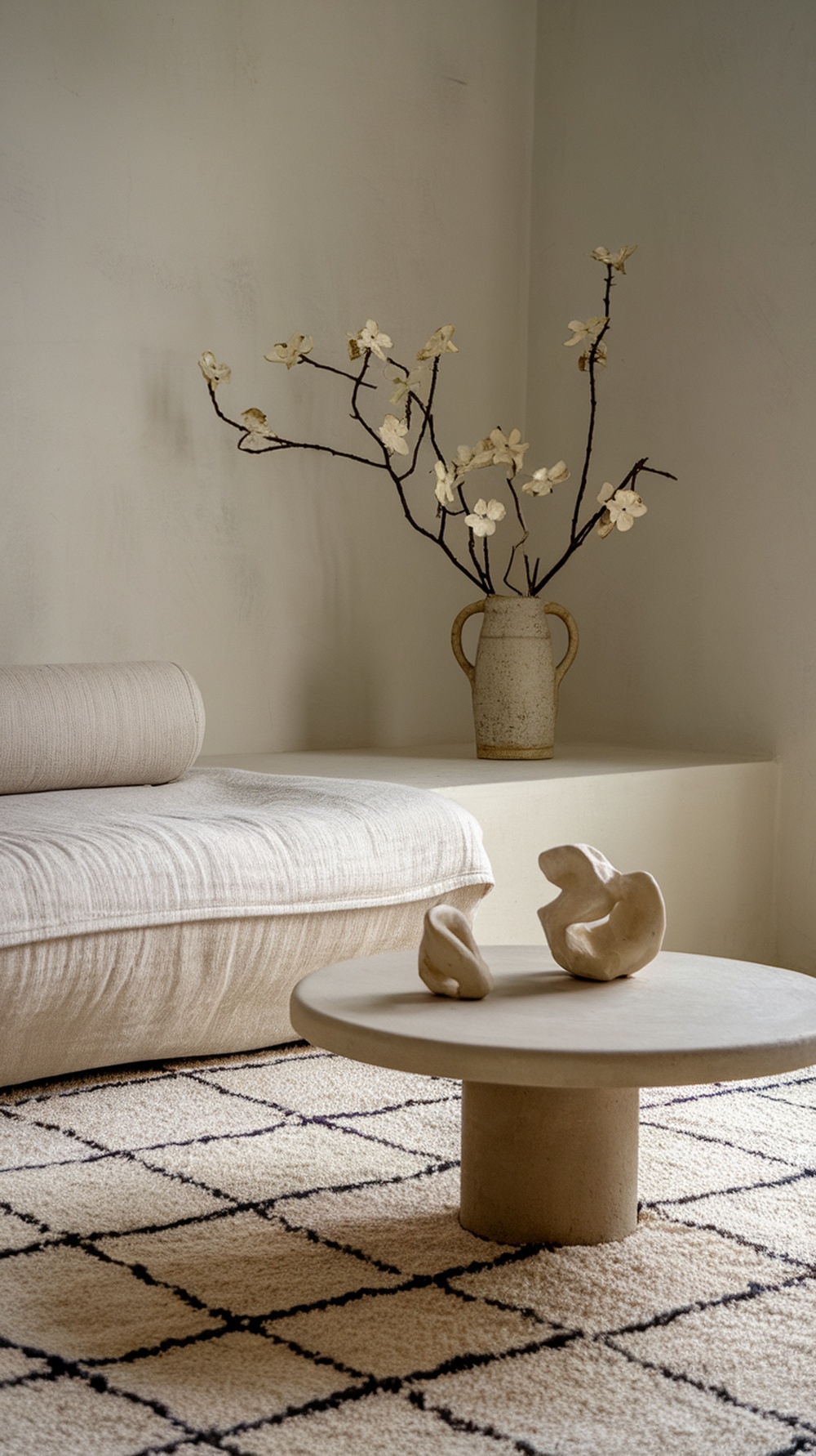 A modern living space featuring a beige sofa, round coffee table, and a vase with delicate flowers.