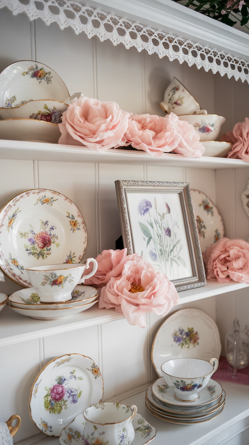 A vintage kitchen shelf with lace trim, featuring floral china, pink fabric flowers, and a framed botanical print.