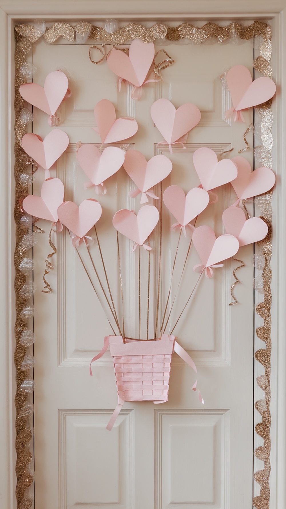 Classroom door decorated with pink heart balloons and a woven basket for Valentine's Day