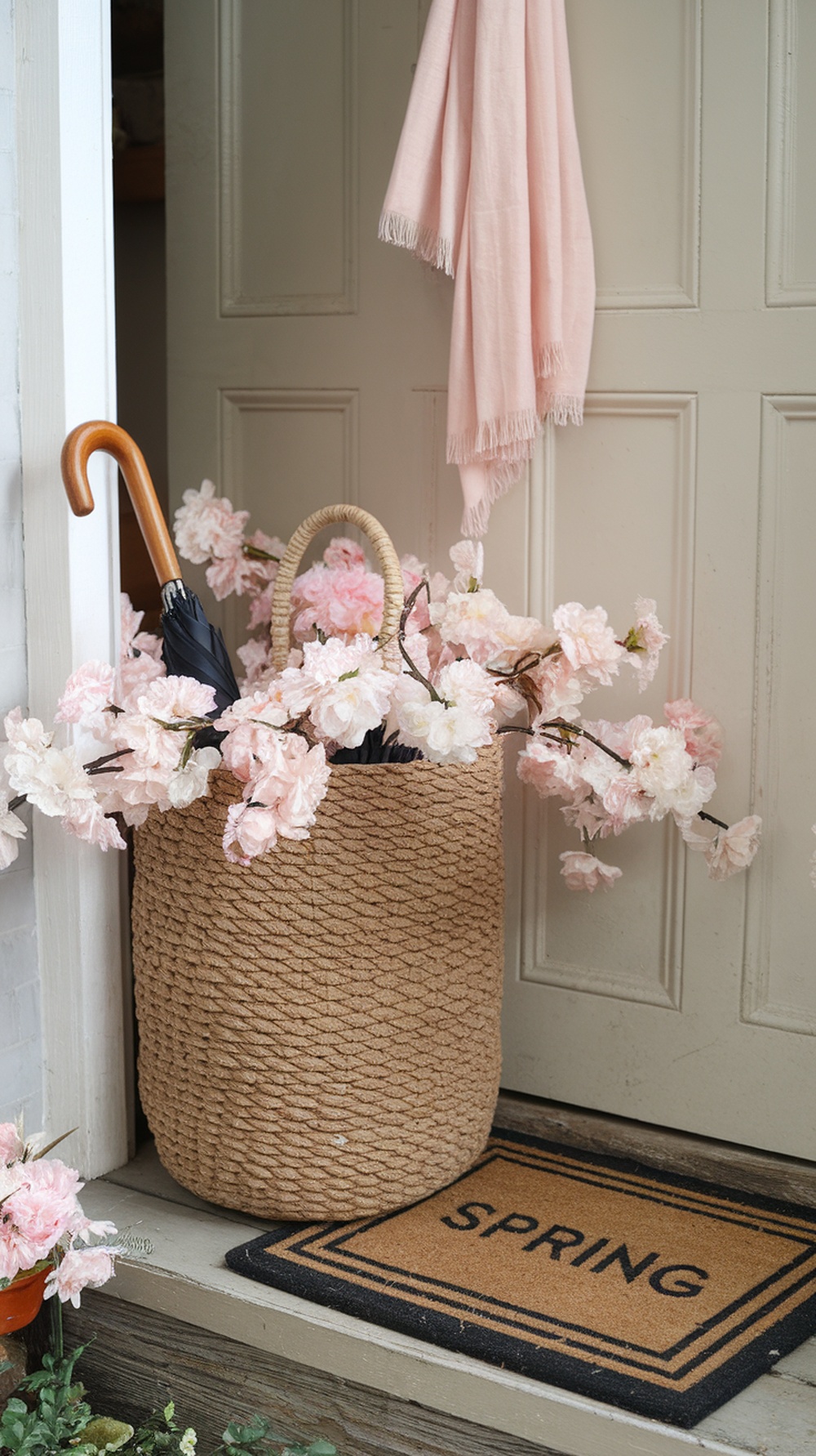 A spring-themed entryway with a basket filled with pink flowers, an umbrella, and a doormat that says 'SPRING'.