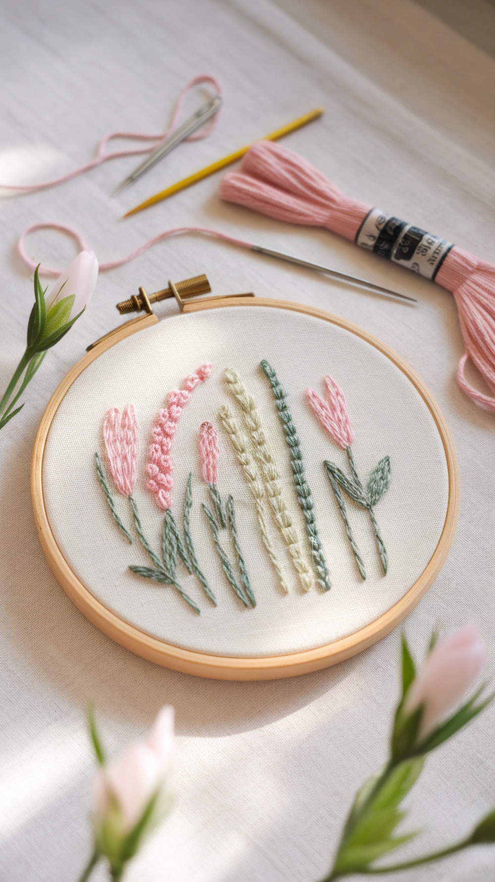 An embroidery hoop with floral designs in pink and green threads on a light fabric background.