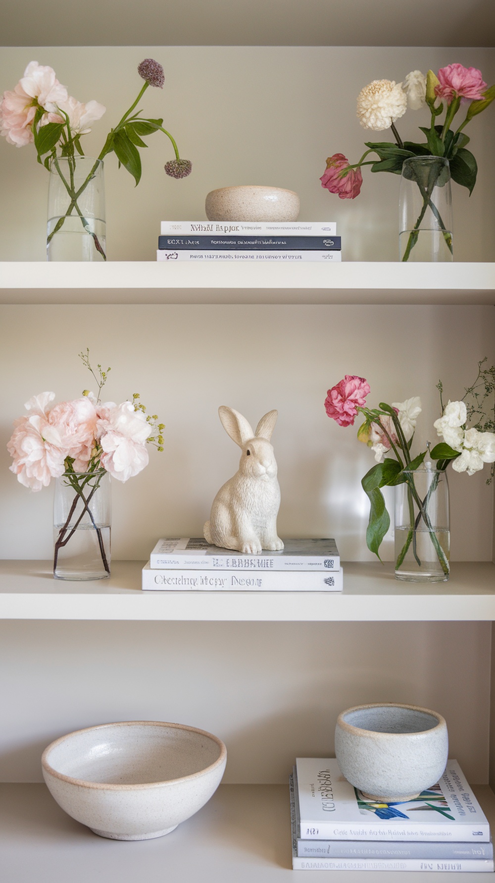 A curated bookshelf decorated with flowers, books, and a bunny figurine for spring.