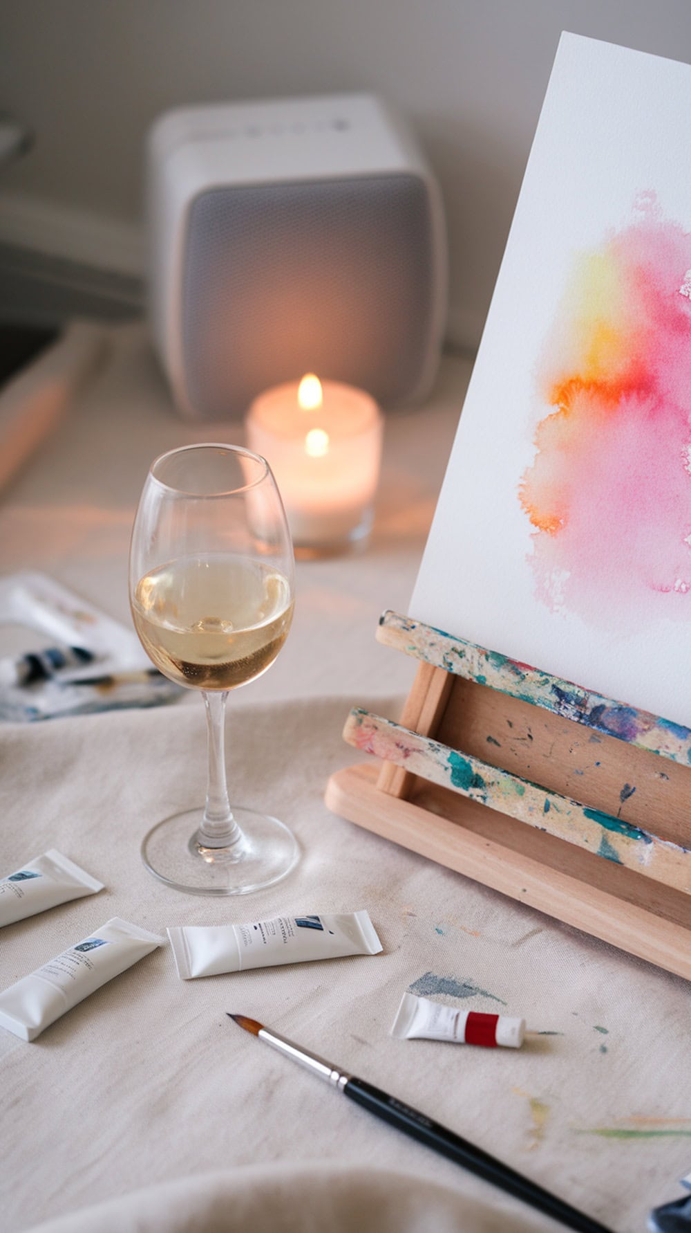 A cozy painting setup with a glass of wine, watercolor paints, and a lit candle.