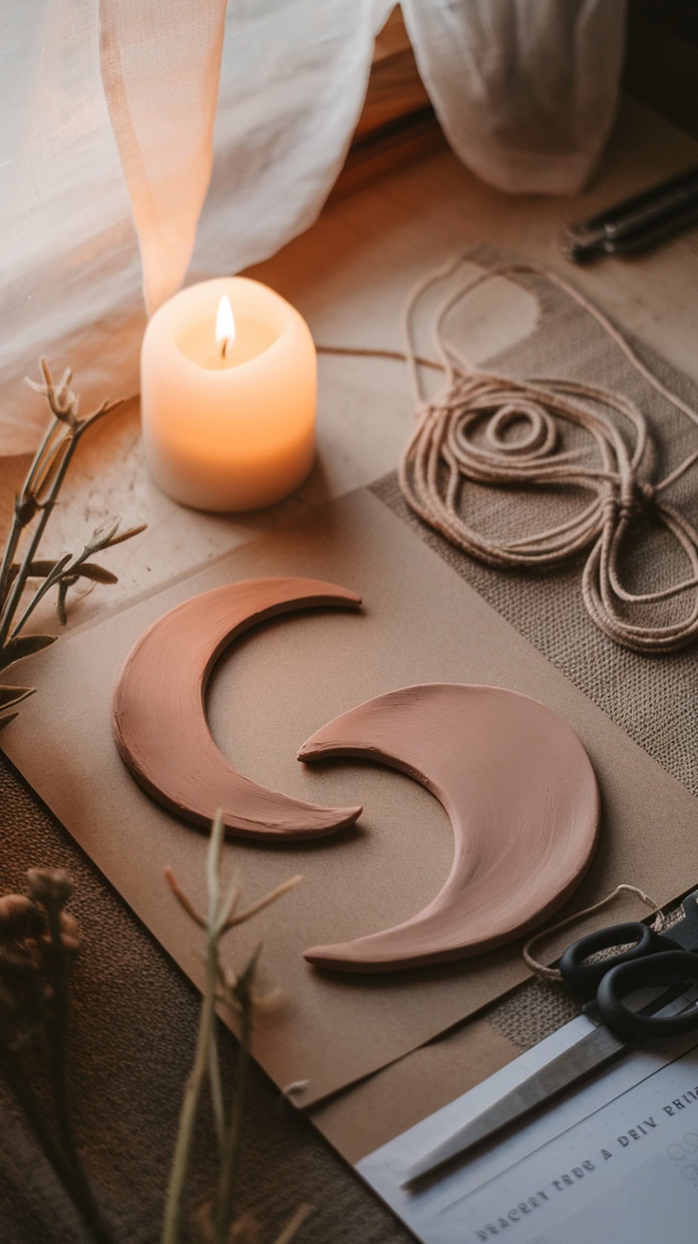 Clay moon phase wall art with two crescent moons, a candle, and crafting materials.