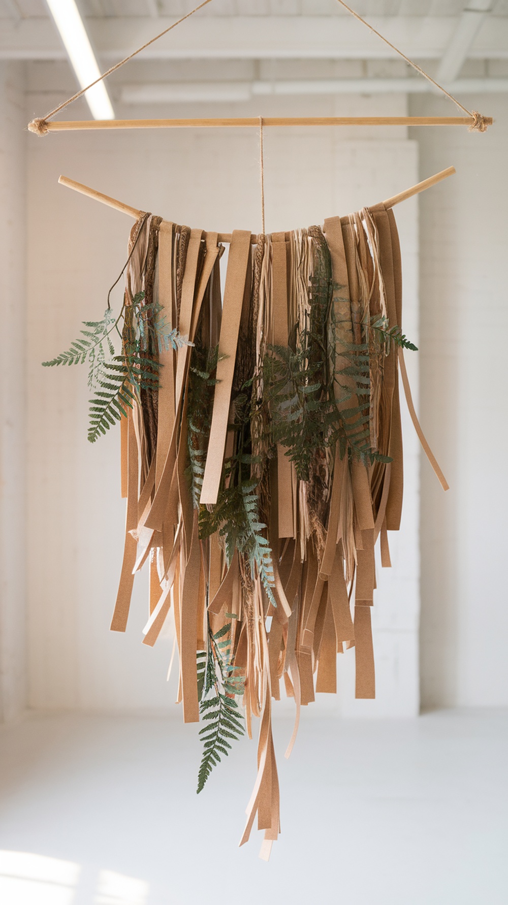 A DIY botanical wall hanging made of fabric strips and ferns, showcasing earthy tones and textures.