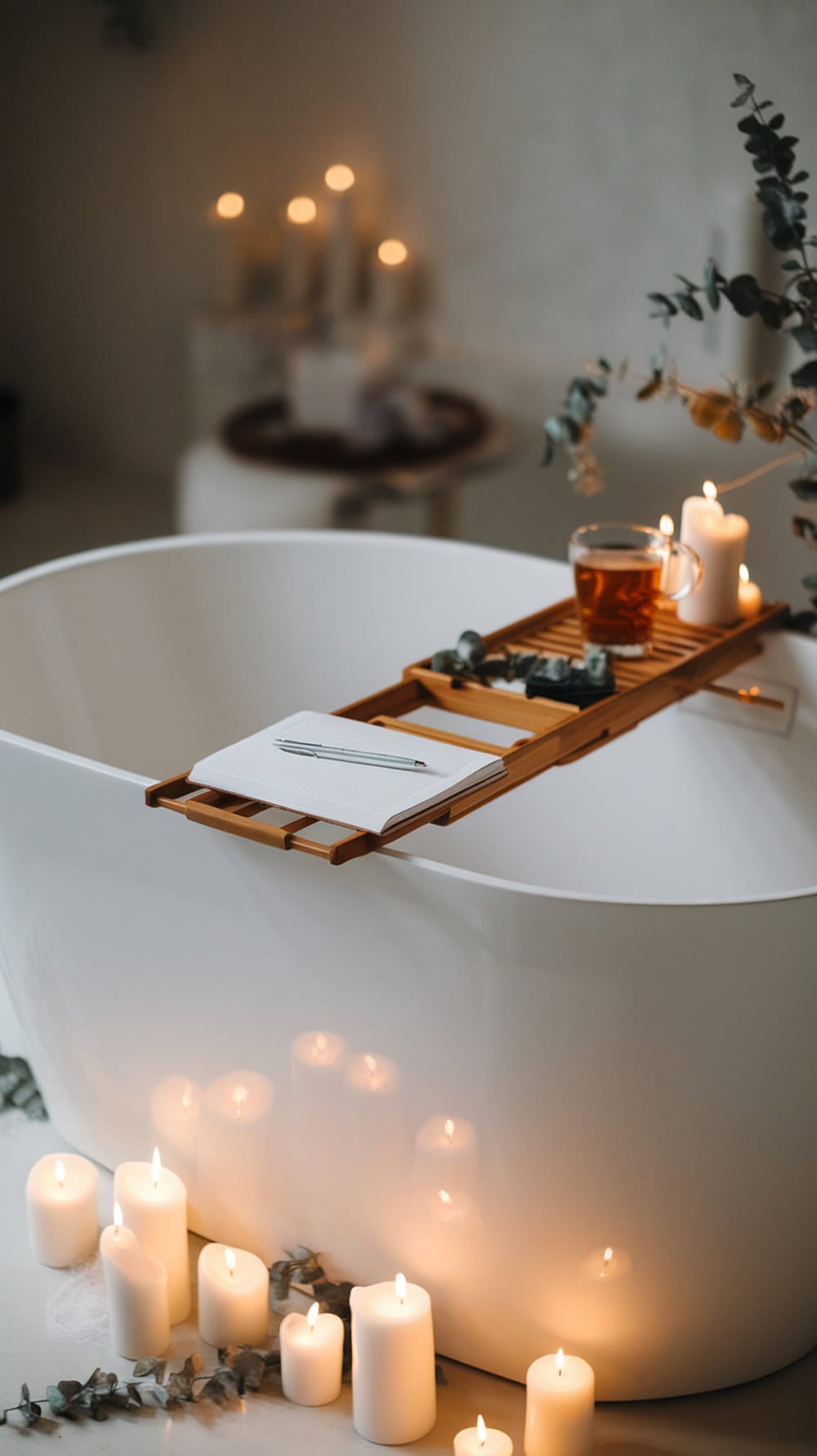 A serene candlelit bath setup with a wooden tray holding a cup of tea, stones, and a notebook with a pen.