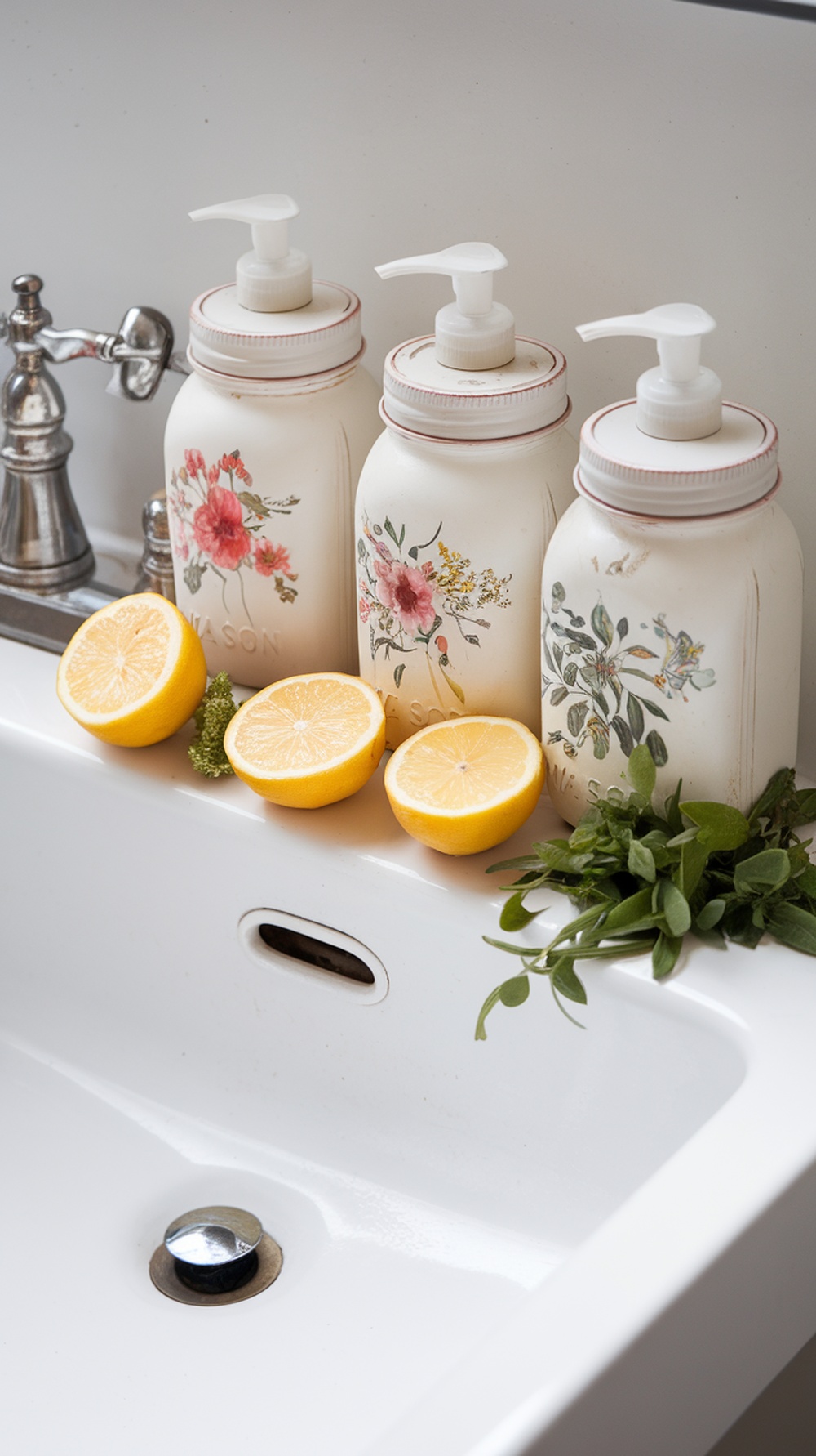 Three decorated mason jar soap dispensers next to fresh lemons and herbs