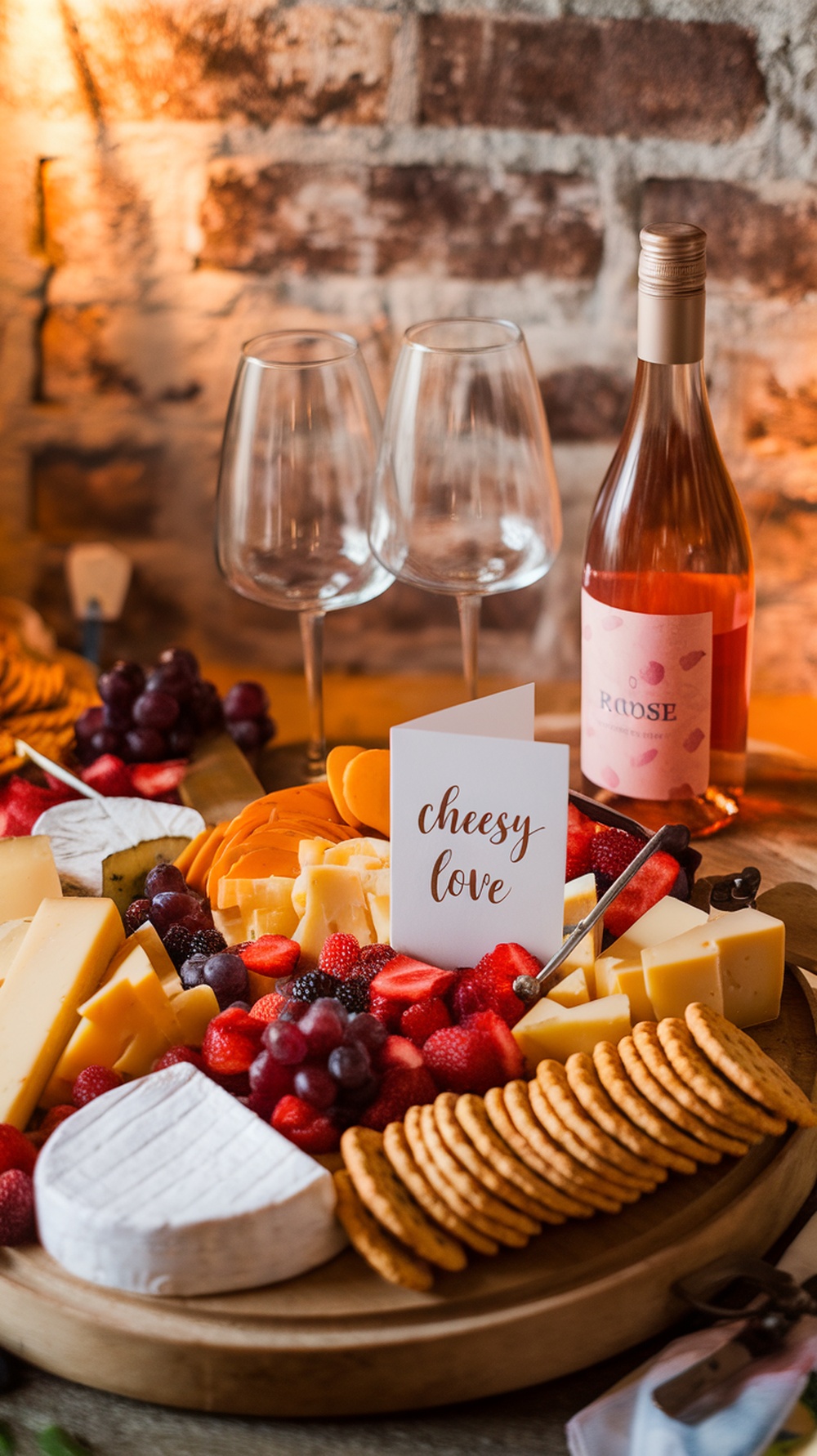 A wine and cheese board with various cheeses, fruits, crackers, and a bottle of rosé wine.