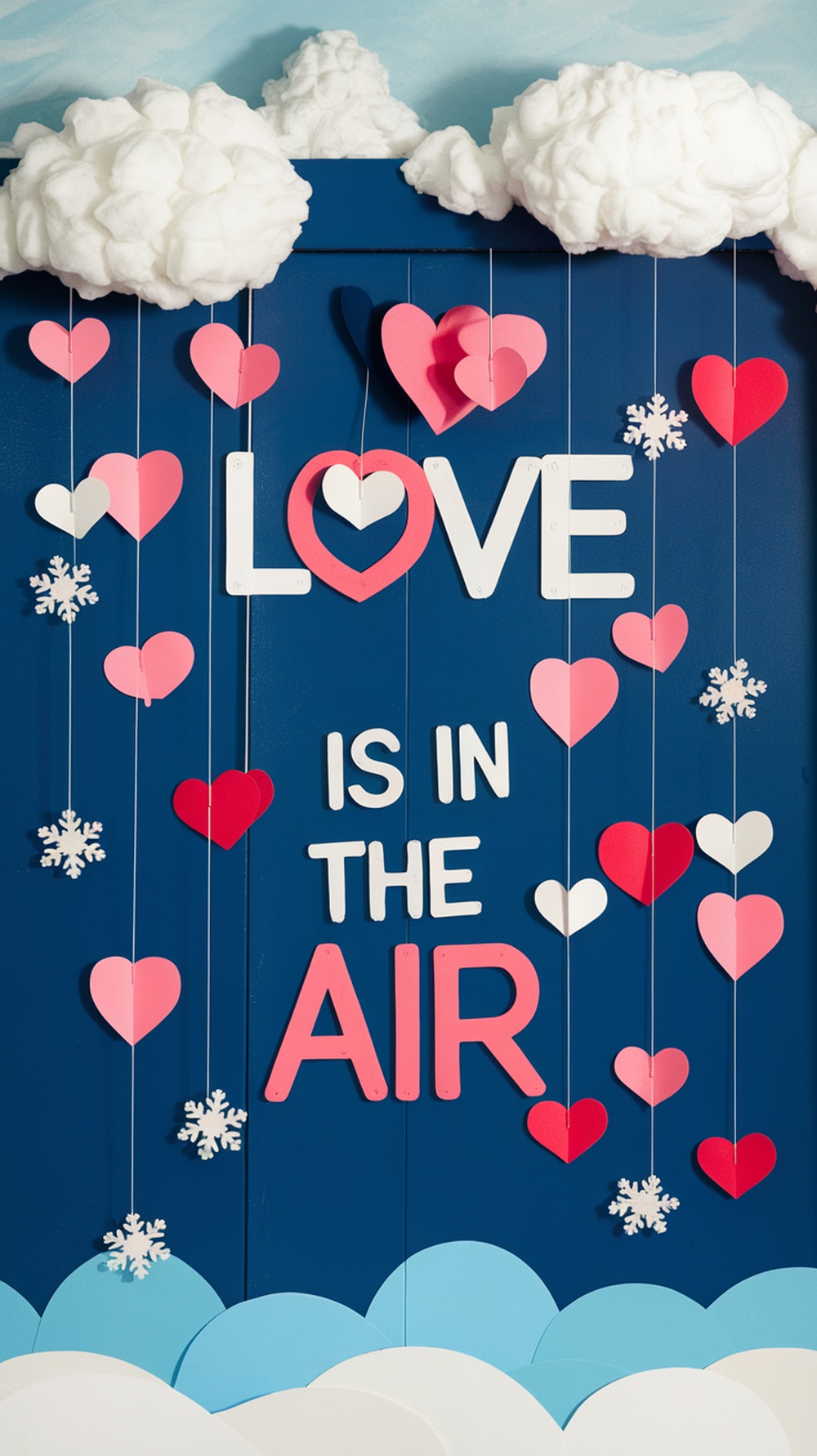 A classroom door decorated with colorful hearts, clouds, and the phrase 'LOVE IS IN THE AIR'.