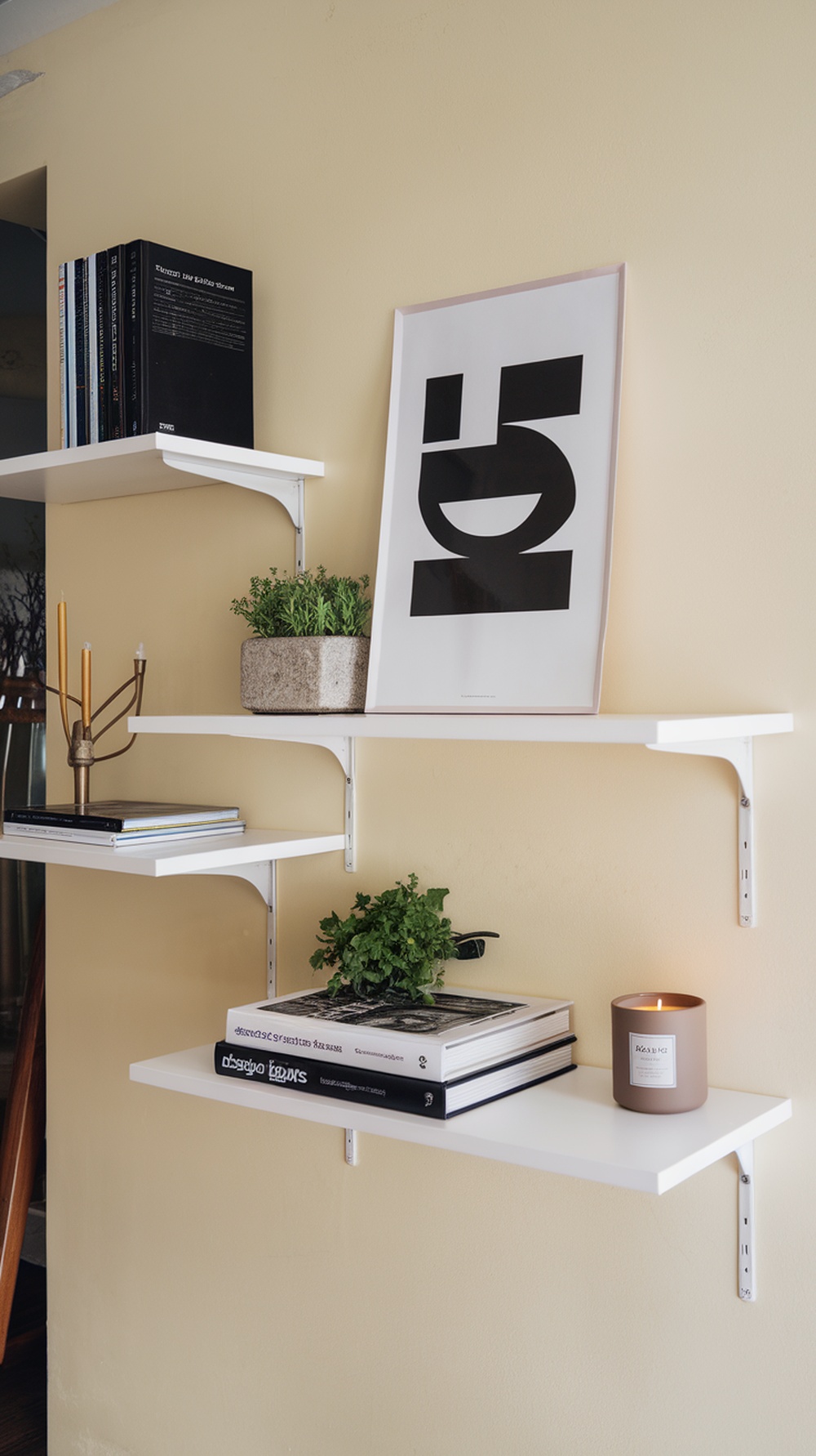 Floating shelves with books, plants, and a candle, showcasing spring decor.