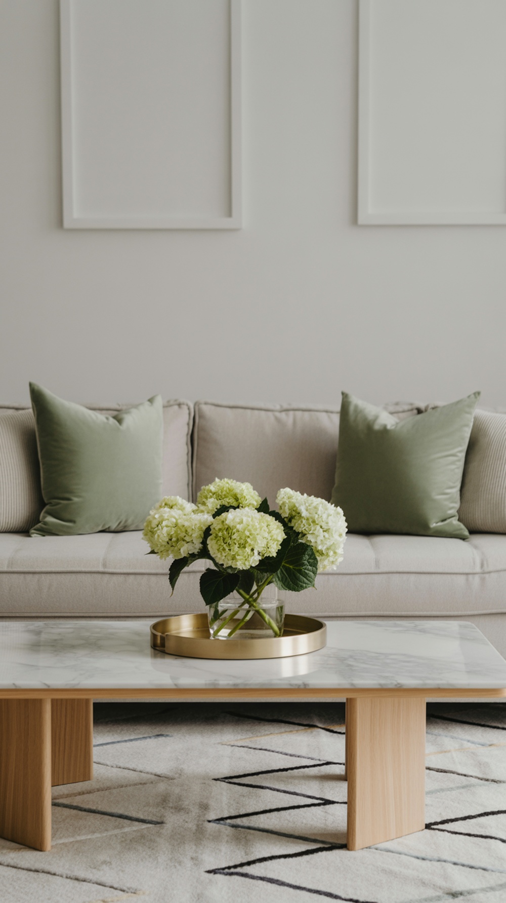 Open concept living room with light wood furniture, green accent pillows, and a stone coffee table with a floral centerpiece.