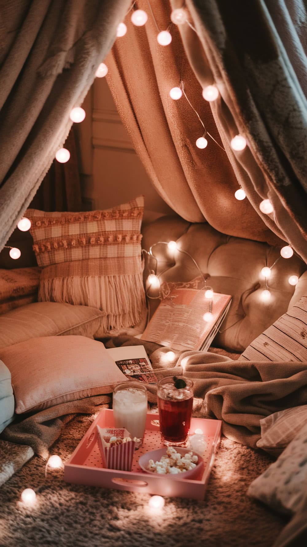 Cozy indoor fort setup with blankets, pillows, and fairy lights, featuring snacks and drinks on a tray.