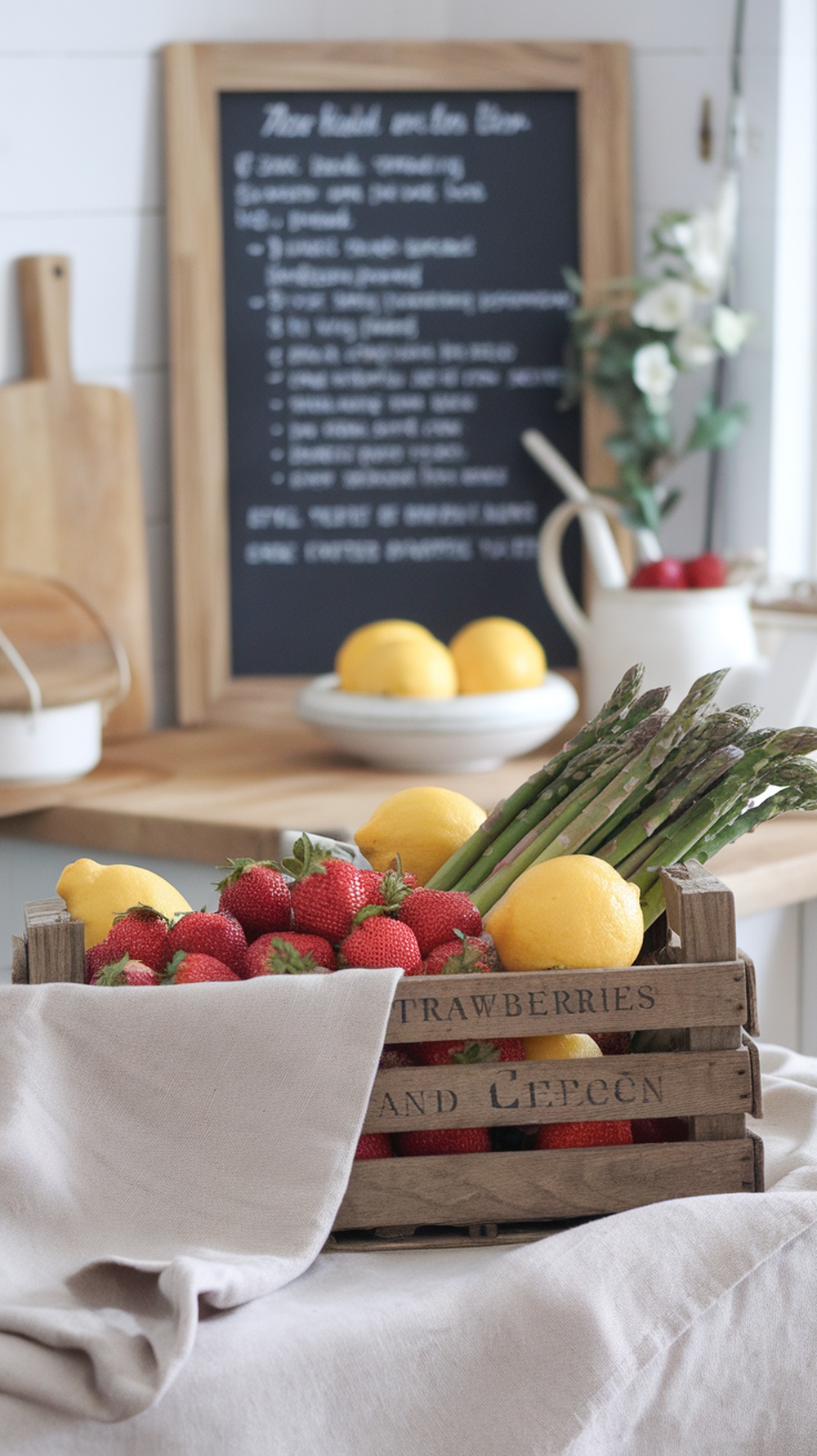 A rustic kitchen display featuring a wooden crate filled with strawberries, lemons, and asparagus, with a chalkboard in the background.