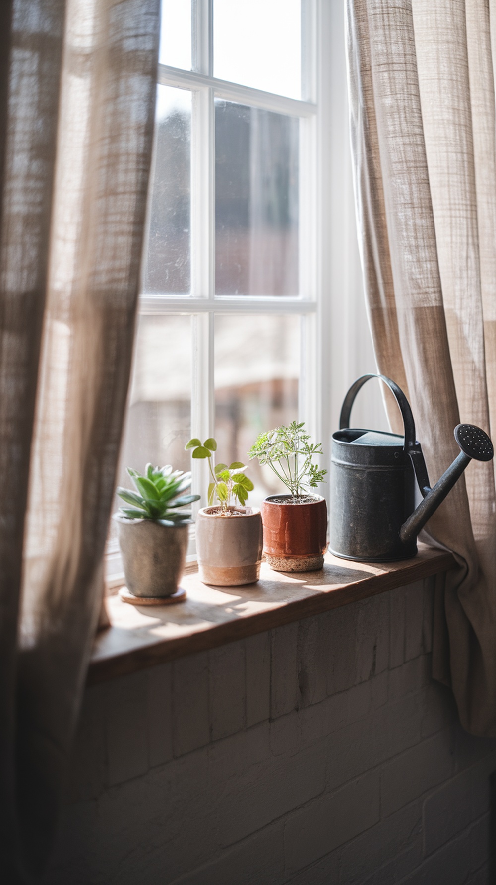 A window ledge decorated with various potted plants and a watering can, with sunlight streaming through sheer curtains.