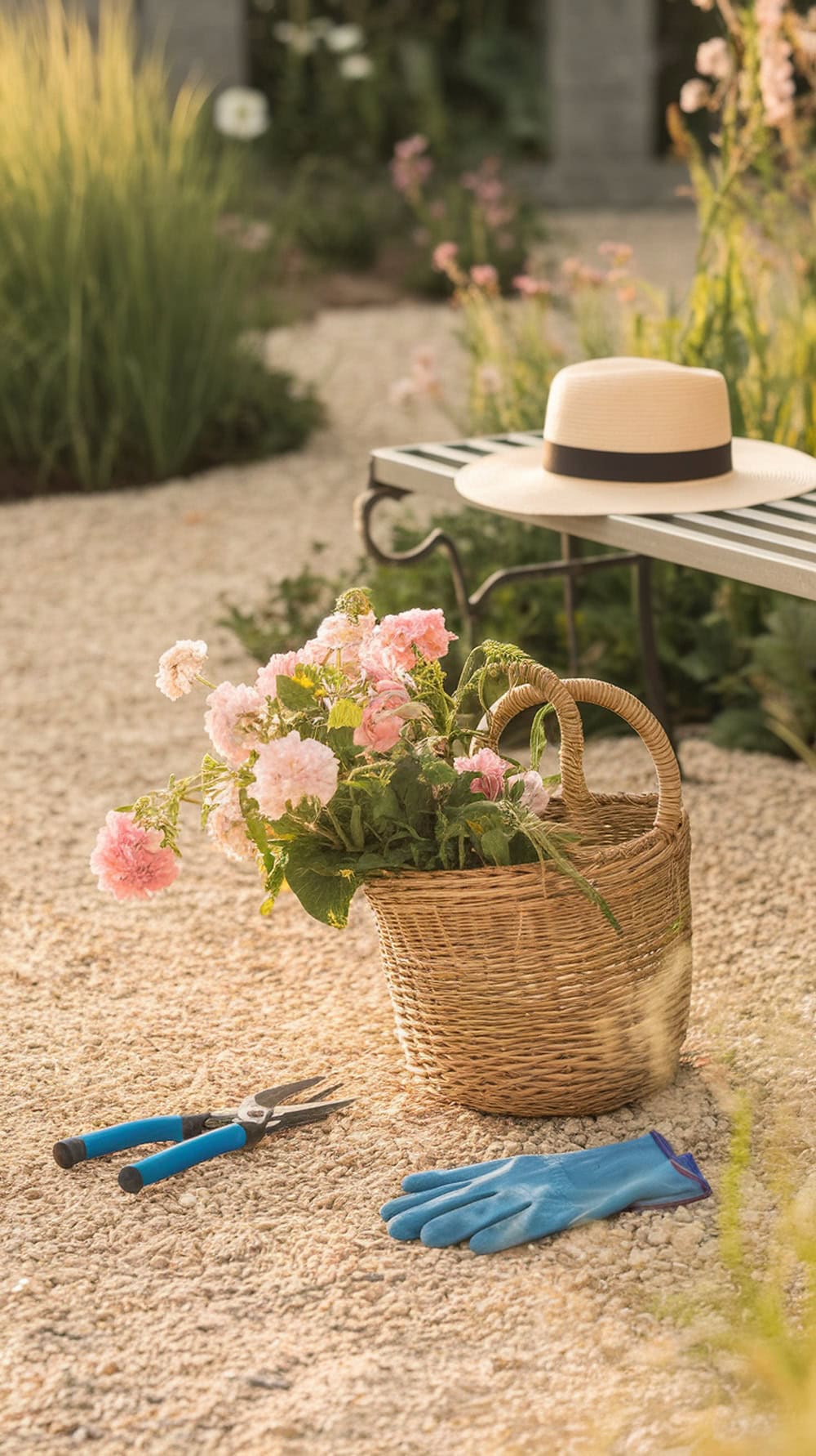 A serene garden scene with a basket of pink flowers, gardening tools, and a sun hat on a bench.