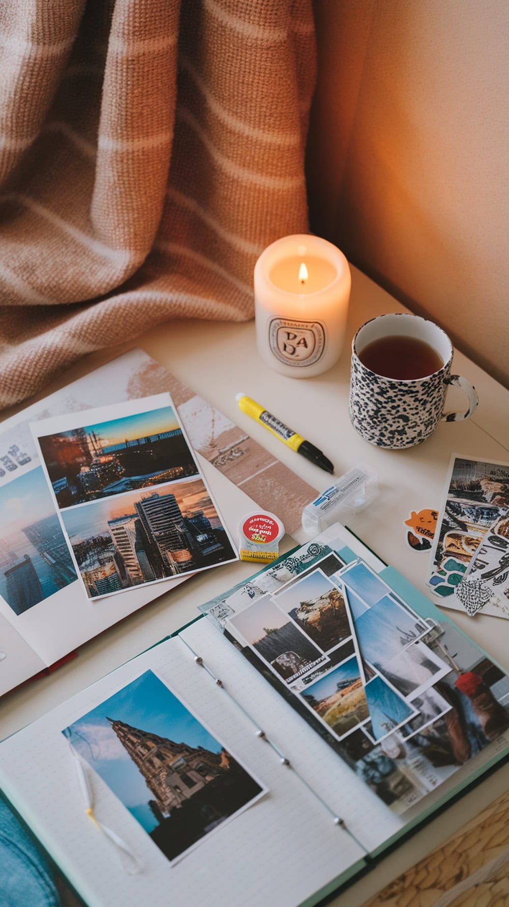 A cozy scrapbooking setup with photos, a candle, and a cup of tea.