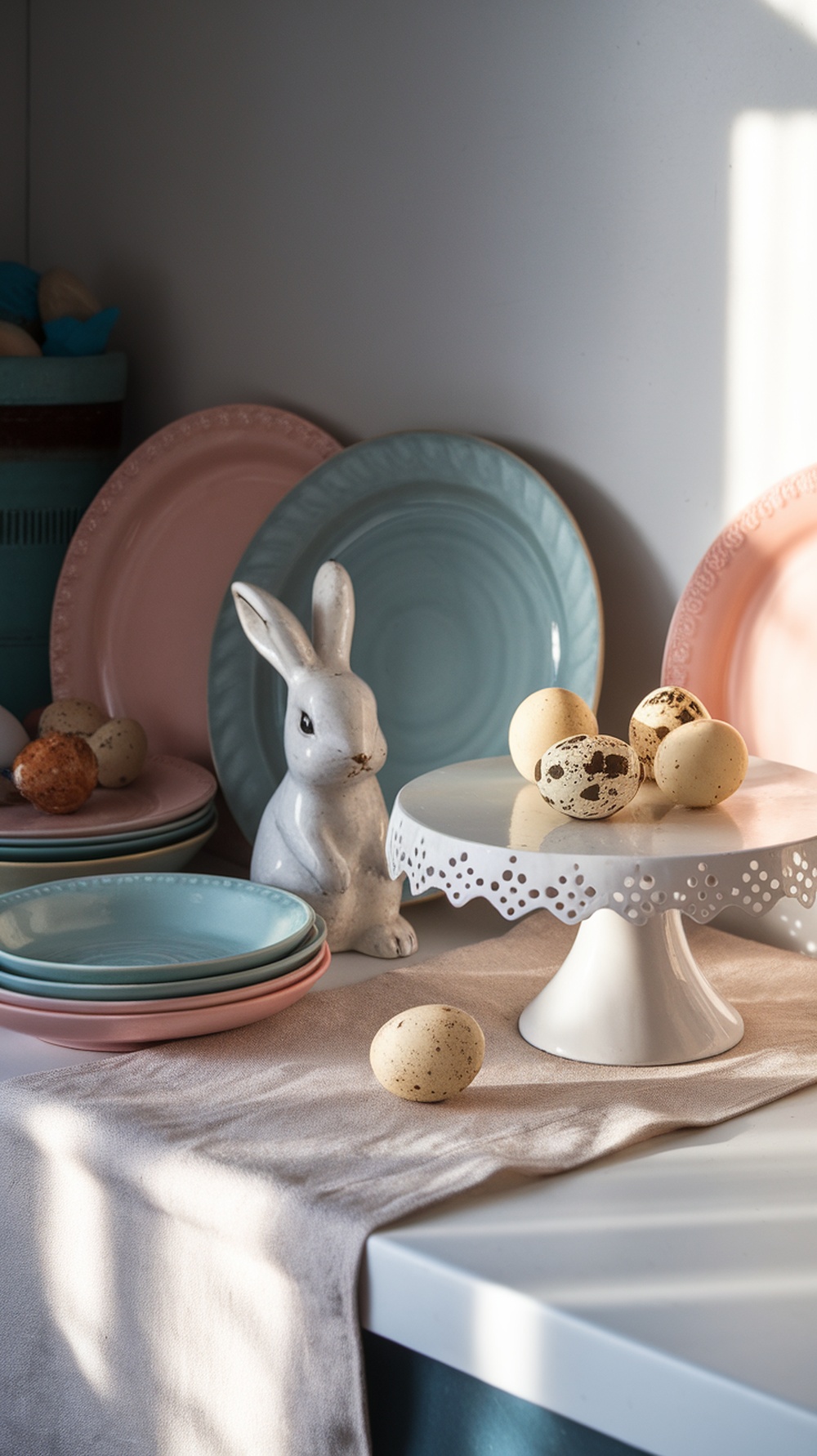 A spring kitchen corner decorated with pastel plates, a ceramic bunny, and decorative eggs.