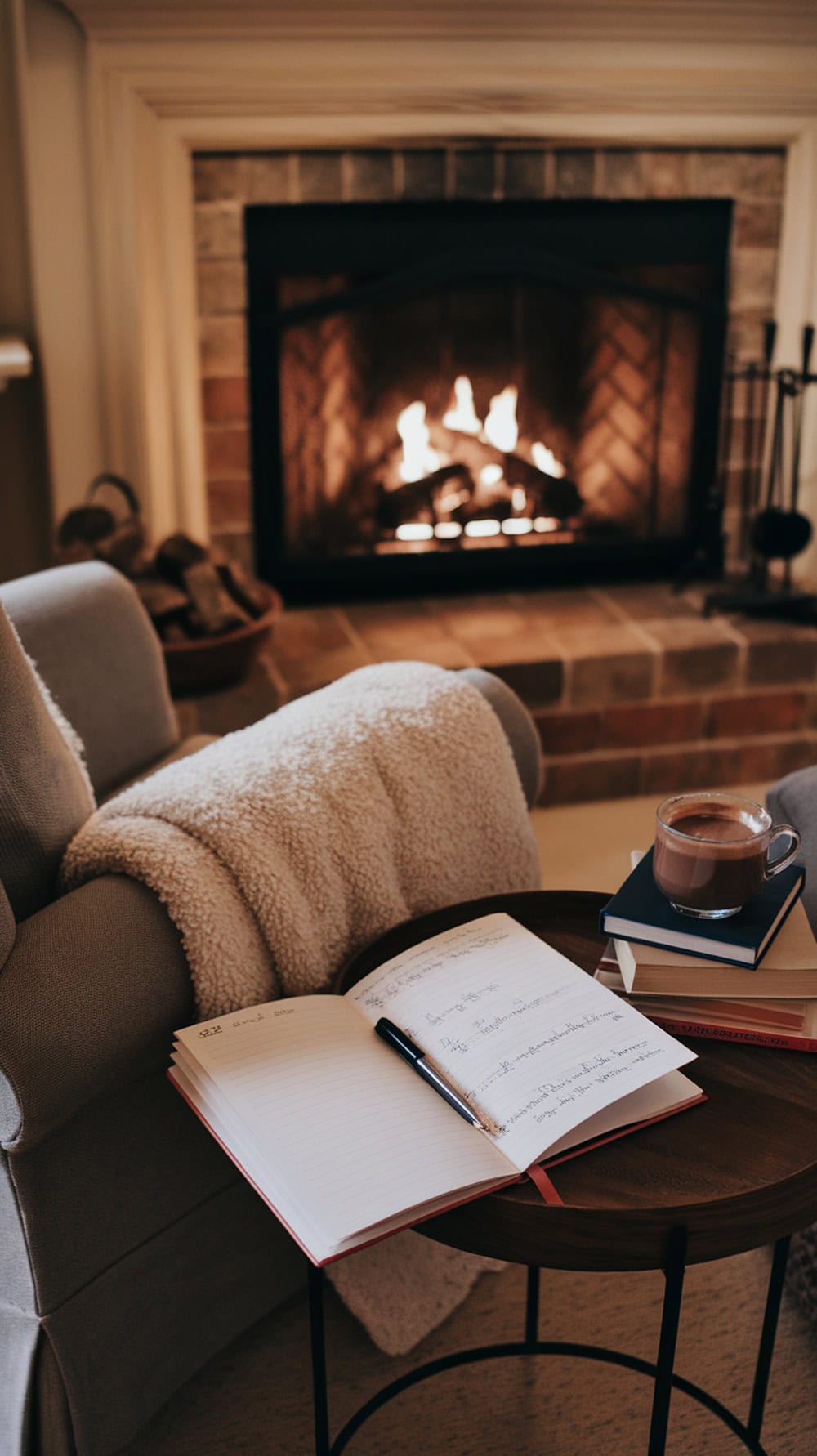 A cozy scene featuring a journal, pen, and hot chocolate next to a fireplace.
