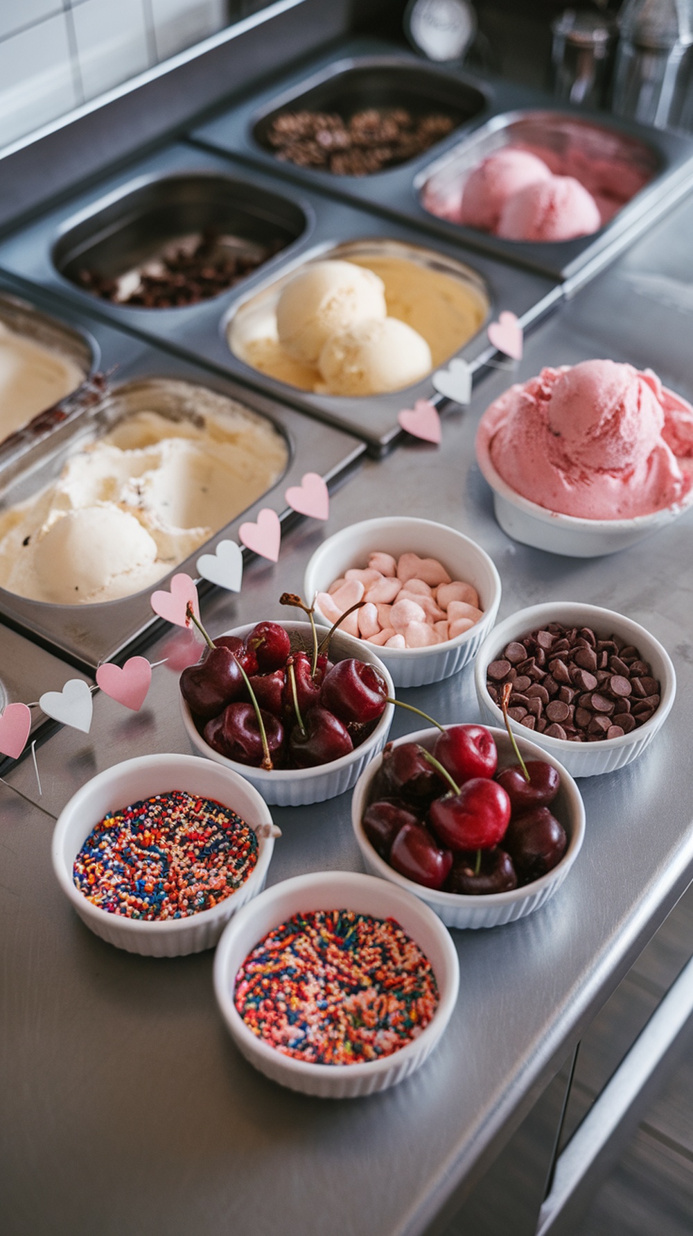 Ice cream sundae bar with various flavors and toppings for Valentine's Day