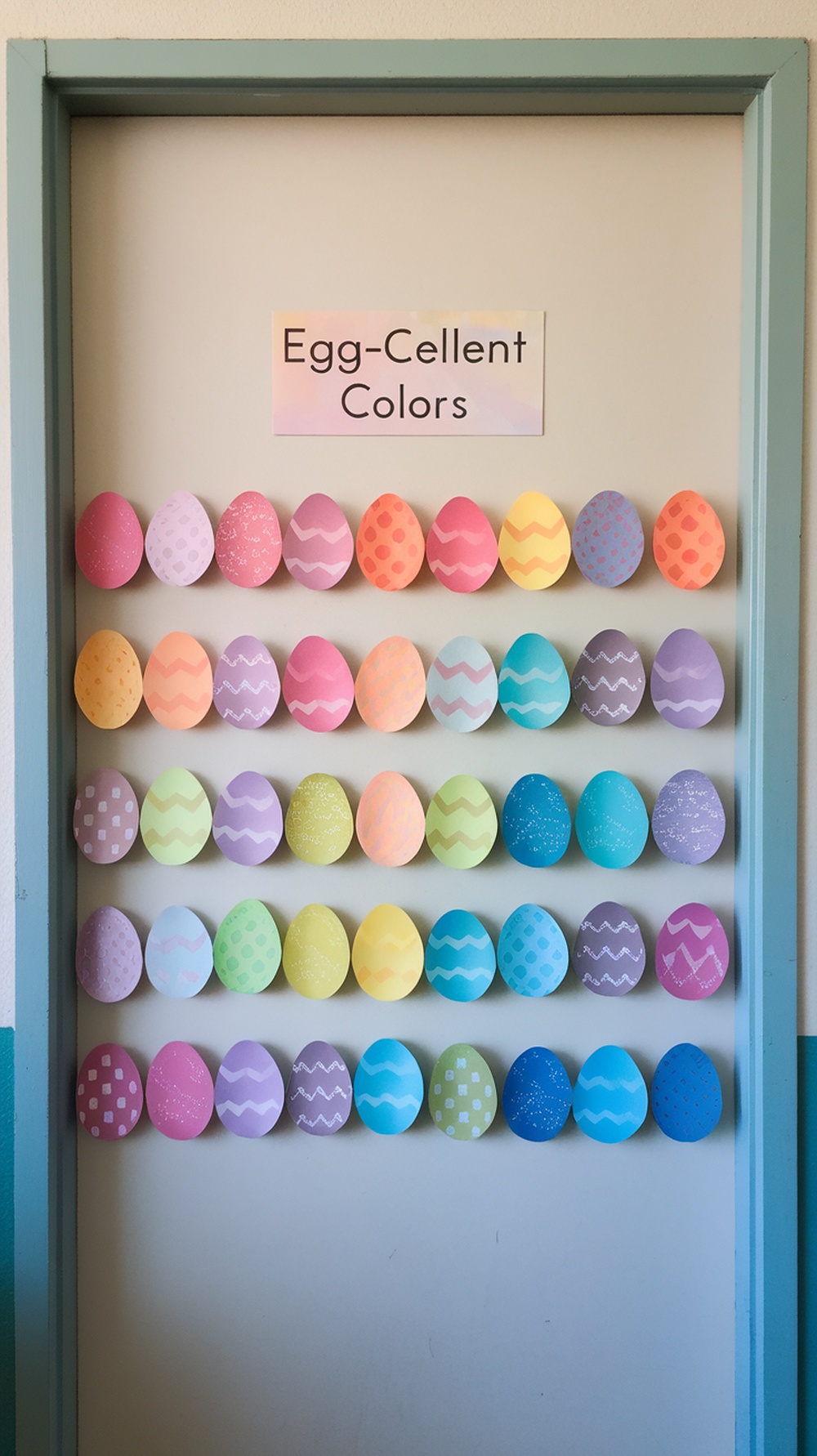 Colorful egg decorations on a classroom door with the text 'Egg-Cellent Colors' above.