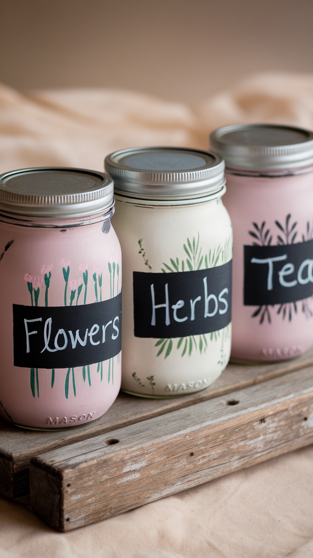 Three painted mason jars labeled 'Flowers', 'Herbs', and 'Tea' on a wooden tray.