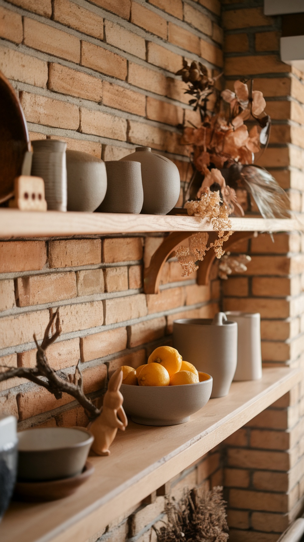 Neutral open shelf with pottery, lemons, and dried flowers against a brick wall