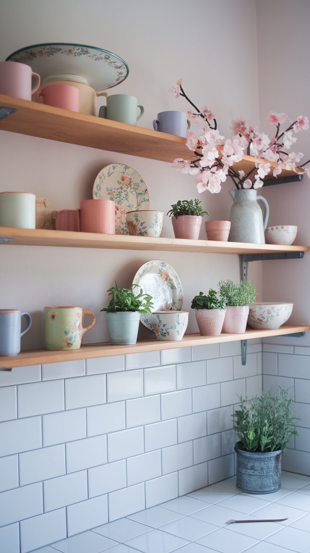 Open kitchen shelves decorated with pastel mugs, floral plates, and potted herbs, featuring pink cherry blossom branches.