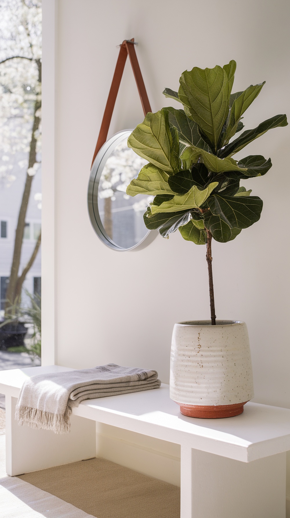 A minimal entryway bench with a potted plant, a folded throw blanket, and a round mirror.