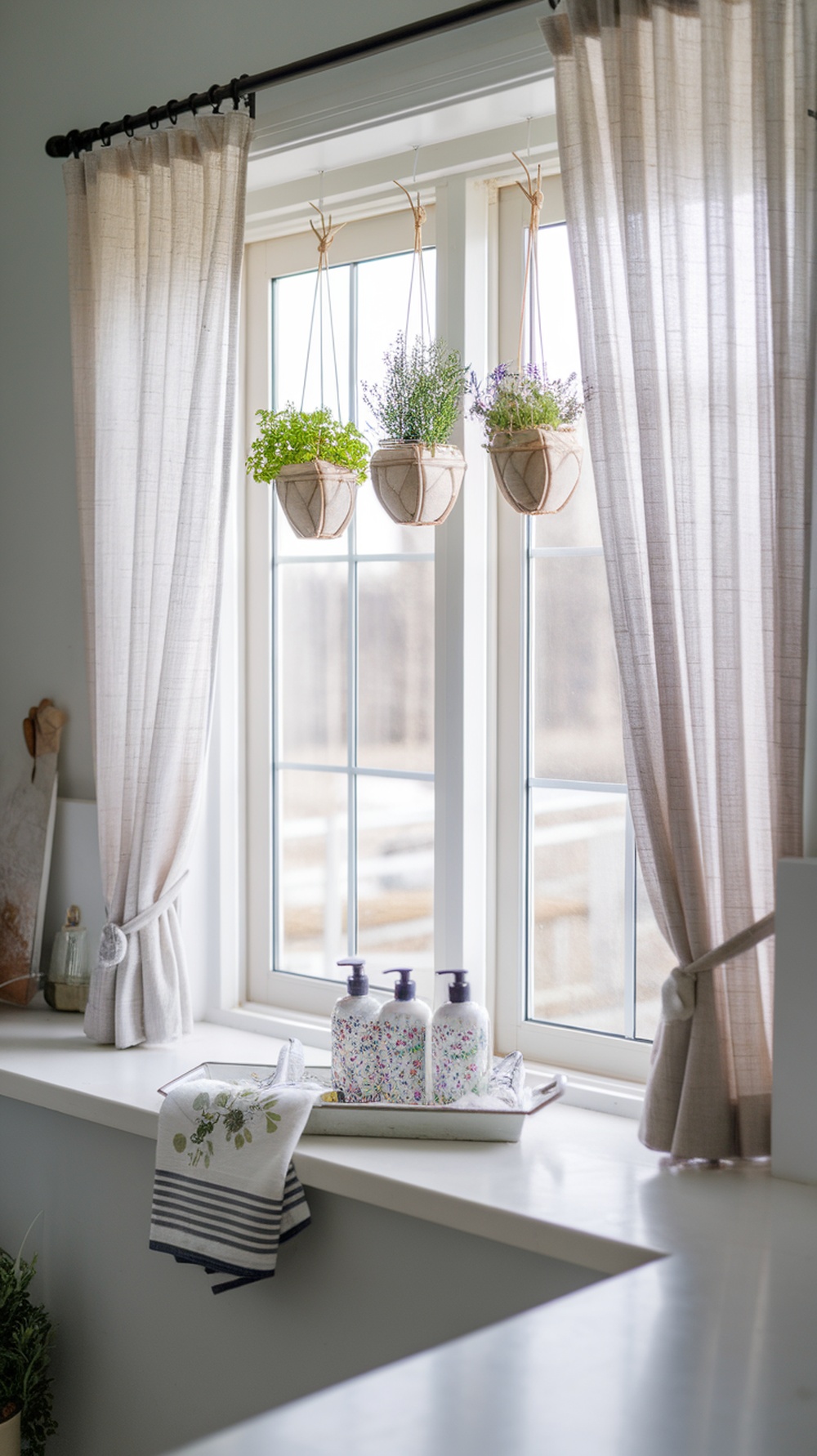 A kitchen window with hanging herb planters, featuring mint and thyme, soft curtains, and a wooden tray with soap dispensers.