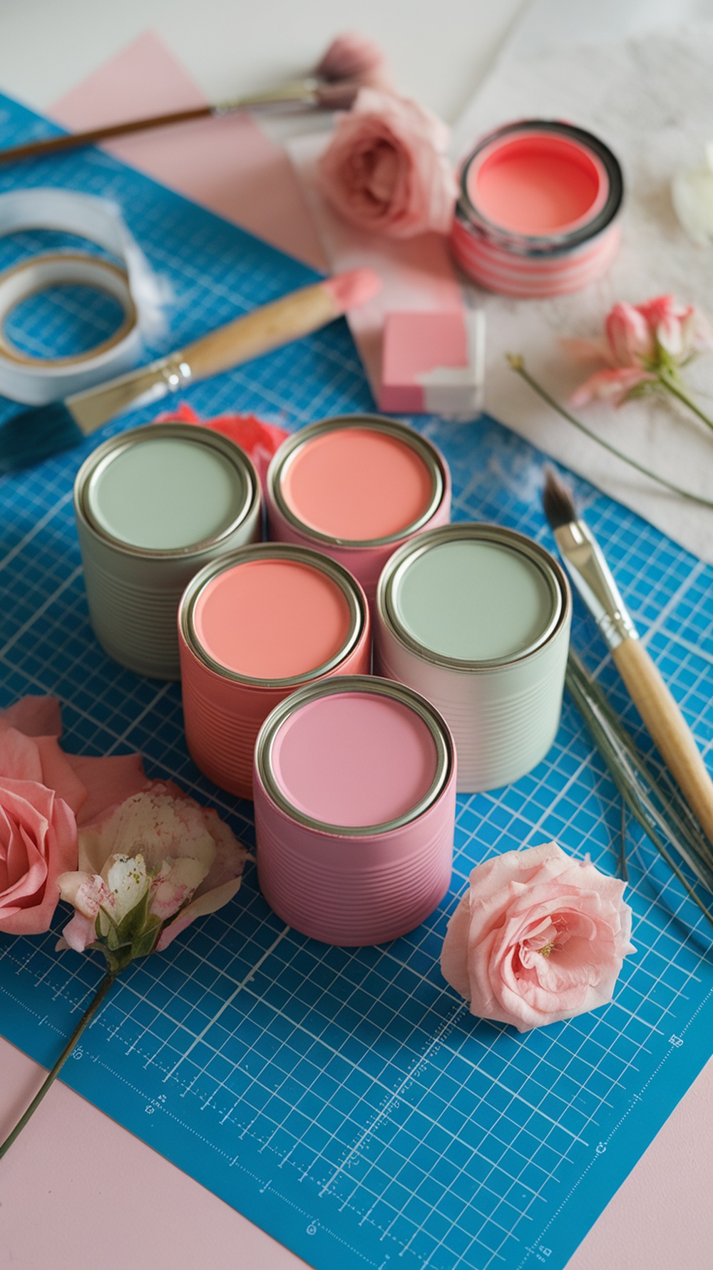 Colorful painted tin cans arranged with flowers on a blue cutting mat