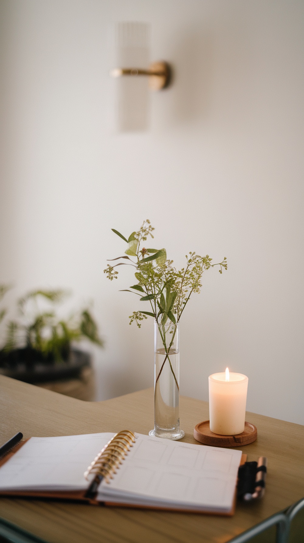 A modern office nook featuring a wooden desk with a planner, a vase of greenery, and a lit candle.