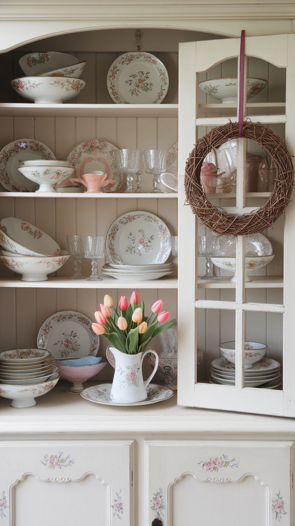 A spring-themed kitchen hutch display with floral dishware and tulips.