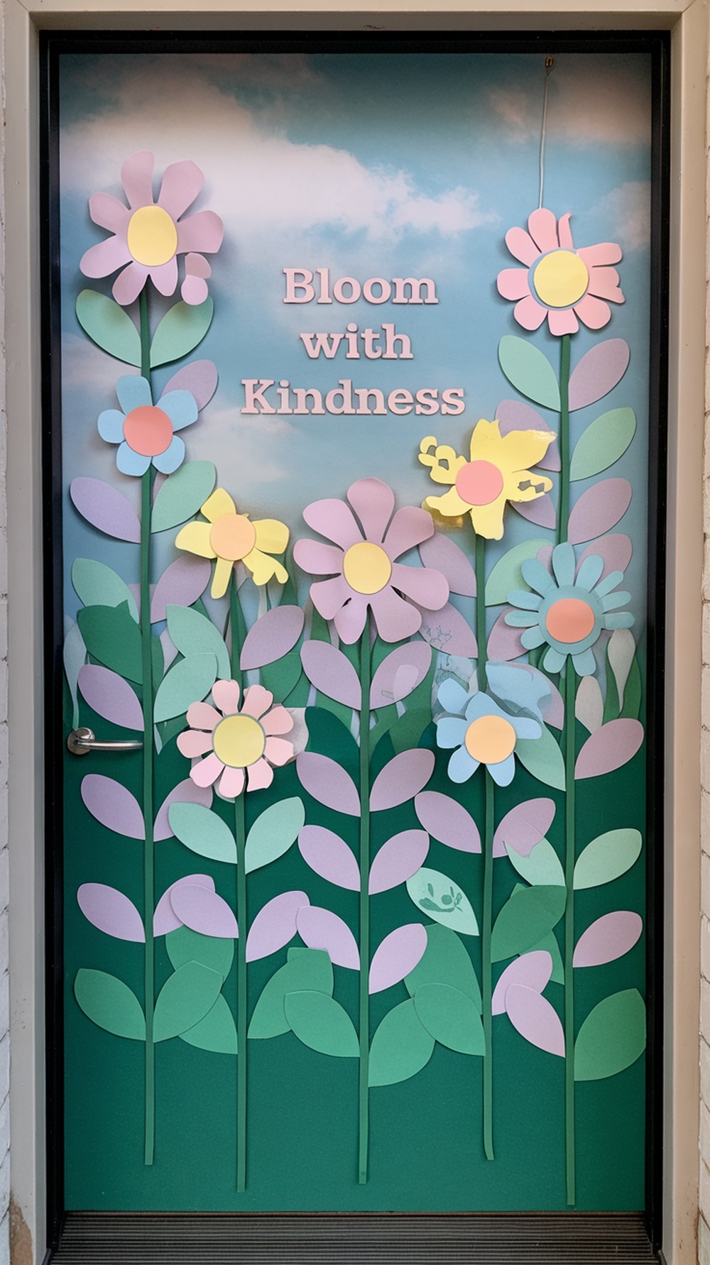 A classroom door decorated with colorful paper flowers and the phrase 'Bloom With Kindness'.