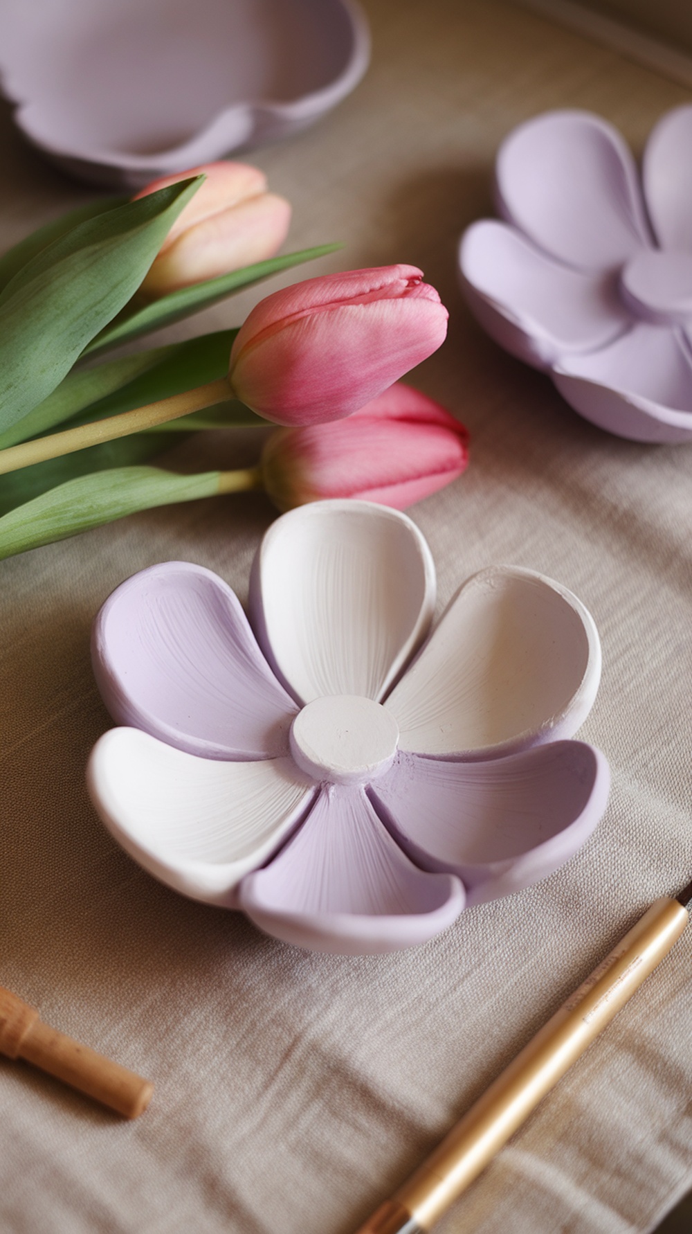A flower-shaped trinket dish made of air dry clay, painted in lavender and white, with pink tulips beside it.