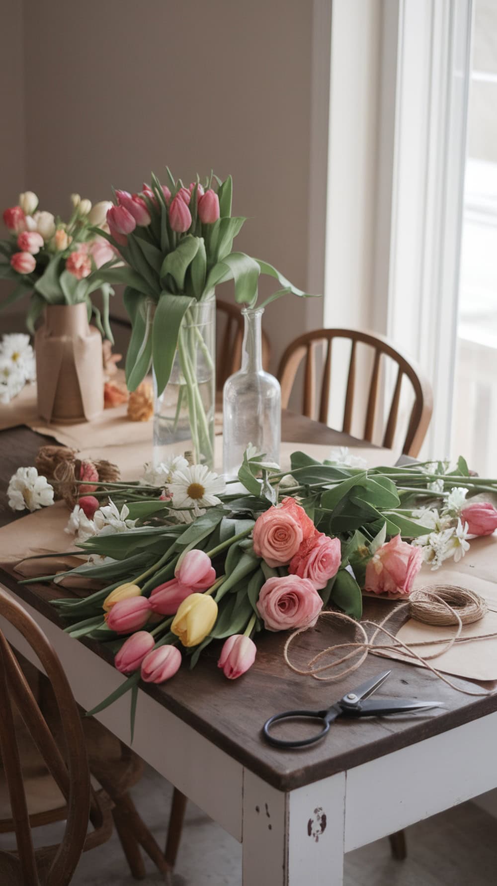 A cozy table with various flowers and crafting supplies for creating floral arrangements.