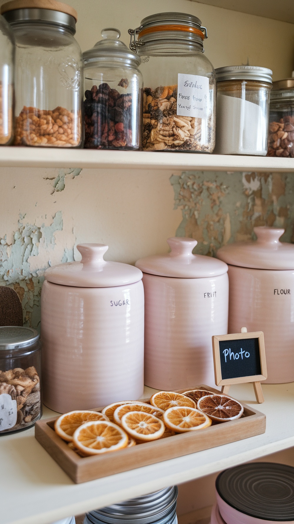 Pastel pantry shelf with pink canisters, clear jars, and dried orange slices